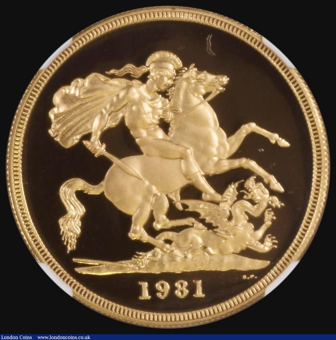 London Coins : A176 : Lot 1299 : Five Pounds Gold 1981 S.SE1 Gold Proof in an NGC holder and graded PF69 Ultra Cameo