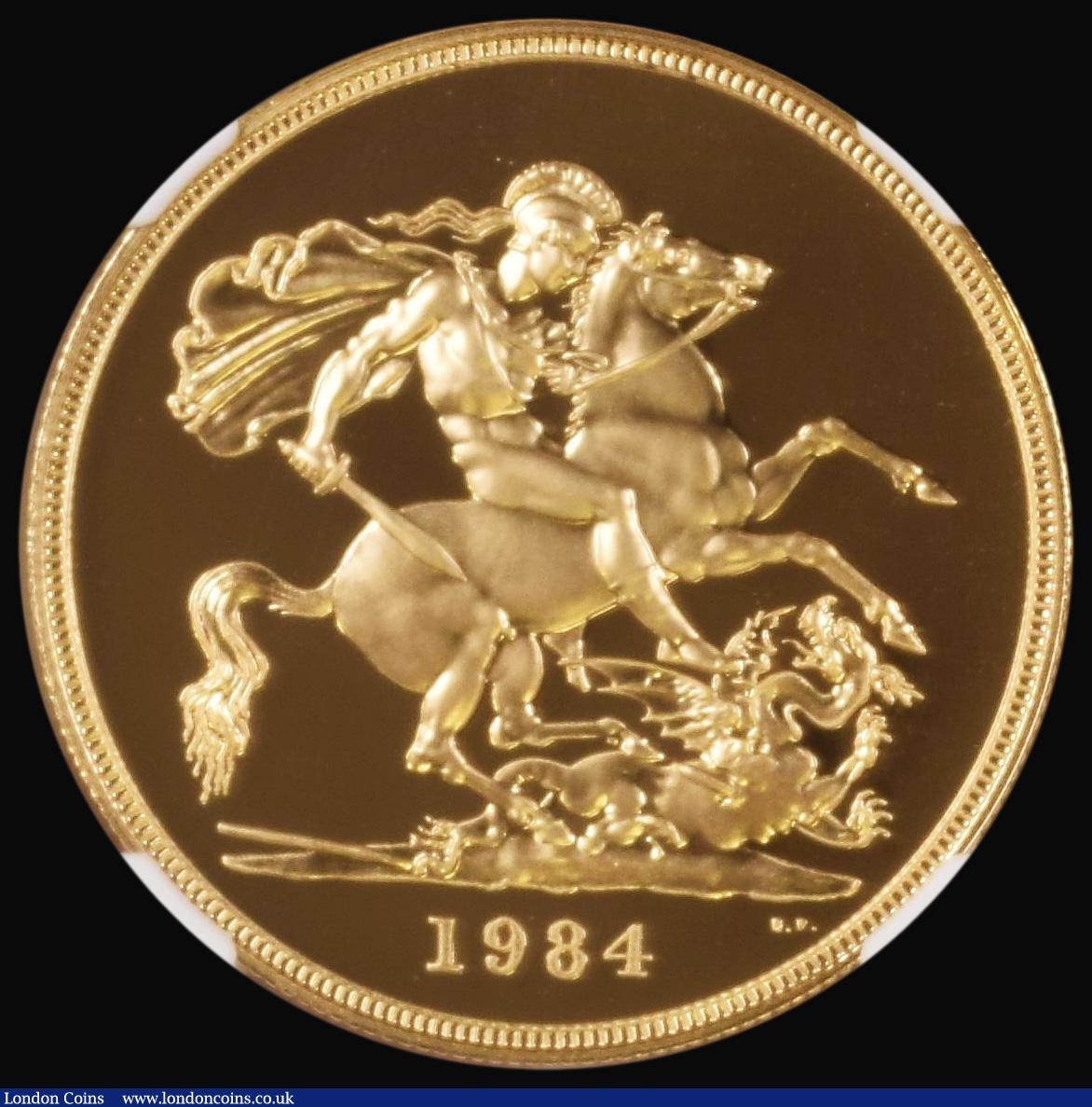 London Coins : A176 : Lot 1300 : Five Pounds Gold 1984 S.SE1 Gold Proof in an NGC holder and graded PF69 Ultra Cameo
