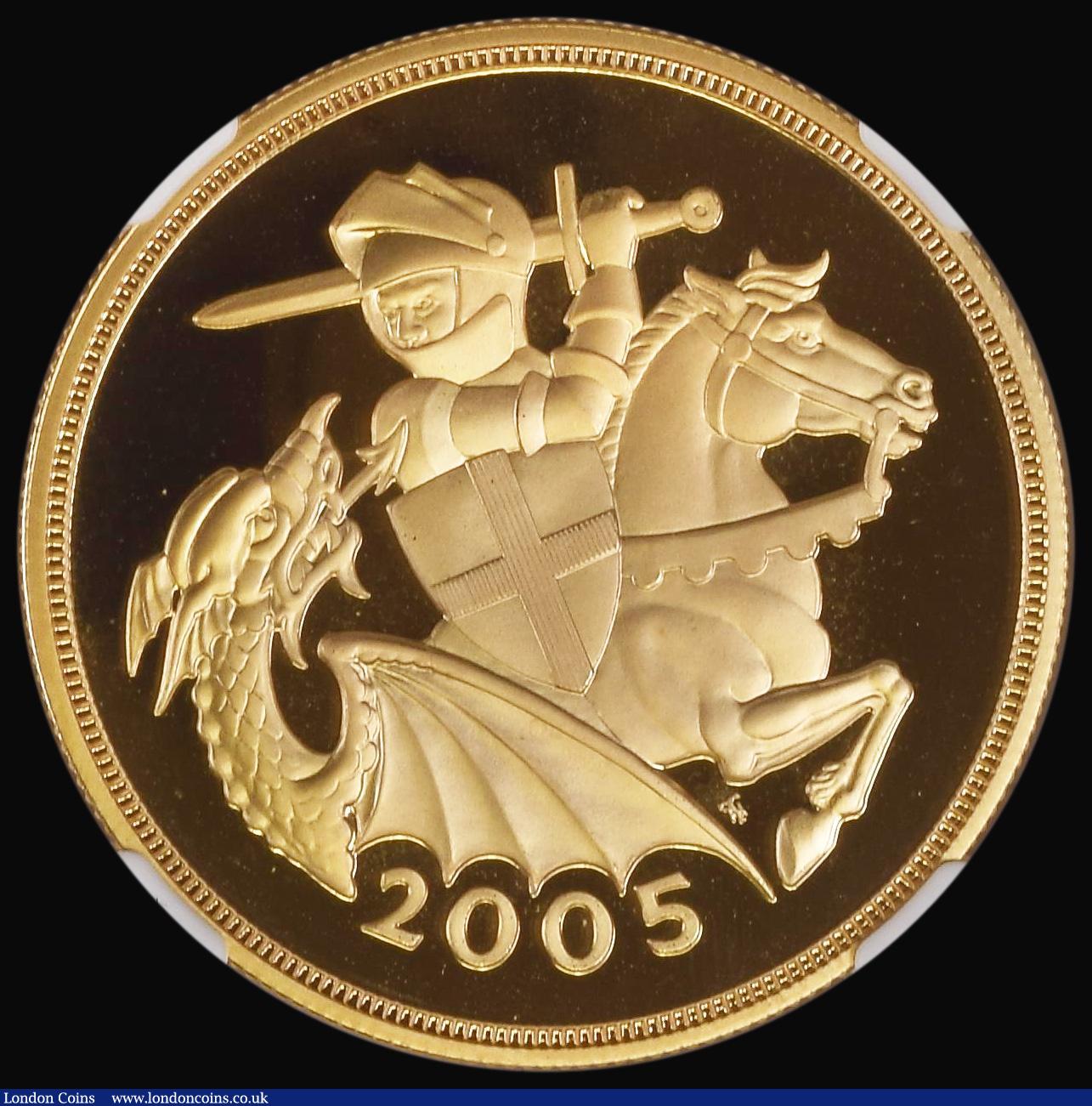 London Coins : A176 : Lot 1303 : Five Pounds Gold 2005 S.SE10 Gold Proof in an NGC holder and graded PF69 Ultra Cameo