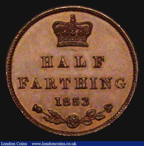 Half Farthing 1853 Copper Proof, die axis upright, Peck 1601 a few small rim nicks and a thin scratch below the bust, otherwise nFDC and Rare : English Coins : Auction 176 : Lot 1347