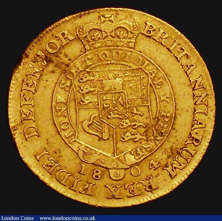 London Coins : A176 : Lot 1354 : Half Guinea 1804 S.3737, Obverse: Lower laurel leaf points to the middle of the E in DEI, Reverse: 1...