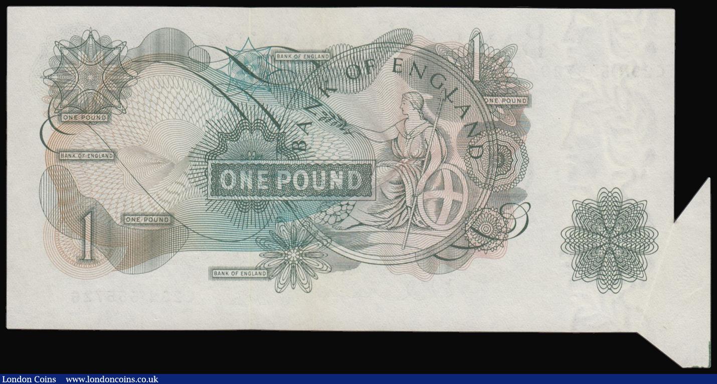 London Coins : A176 : Lot 140 : ERROR £1 Hollom B288 issued 1960 series C29N 555726, a large fishtail bottom right with printe...