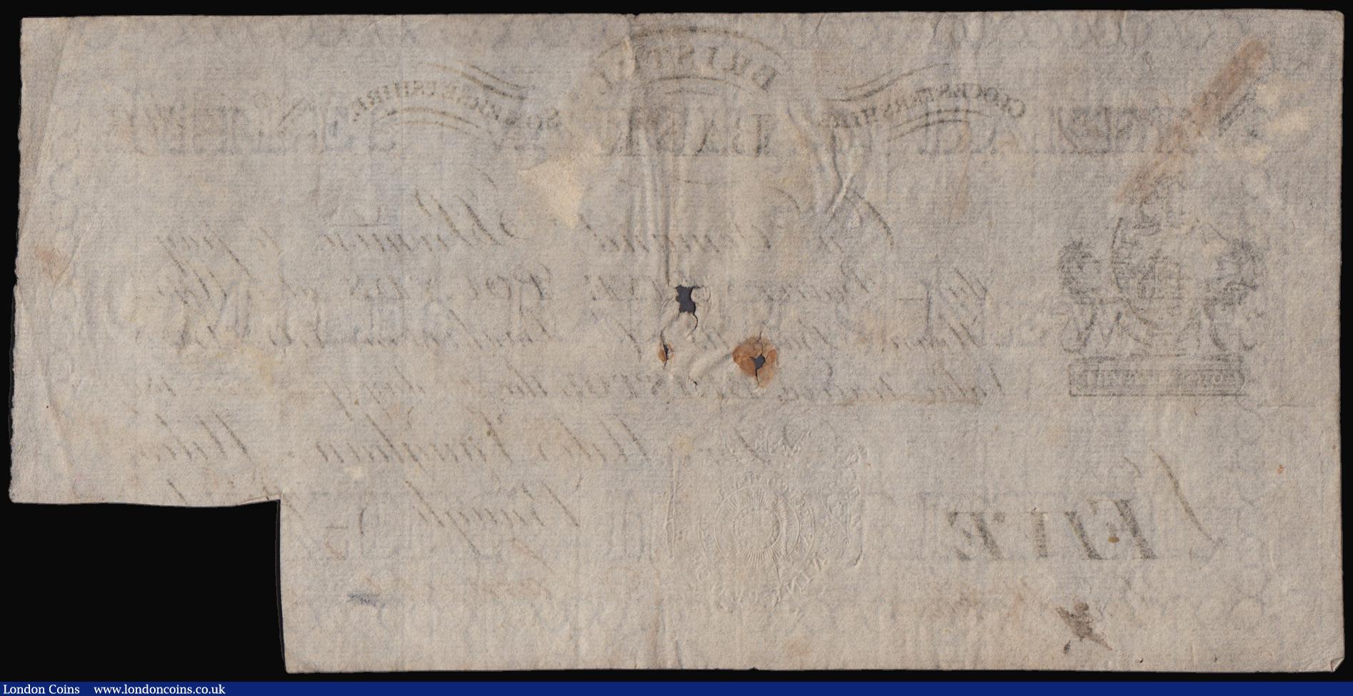 London Coins : A176 : Lot 142 : Bristol Bank 5 Pounds cut-cancelled across signature dated 17th December 1807 number D896 for Miles,...