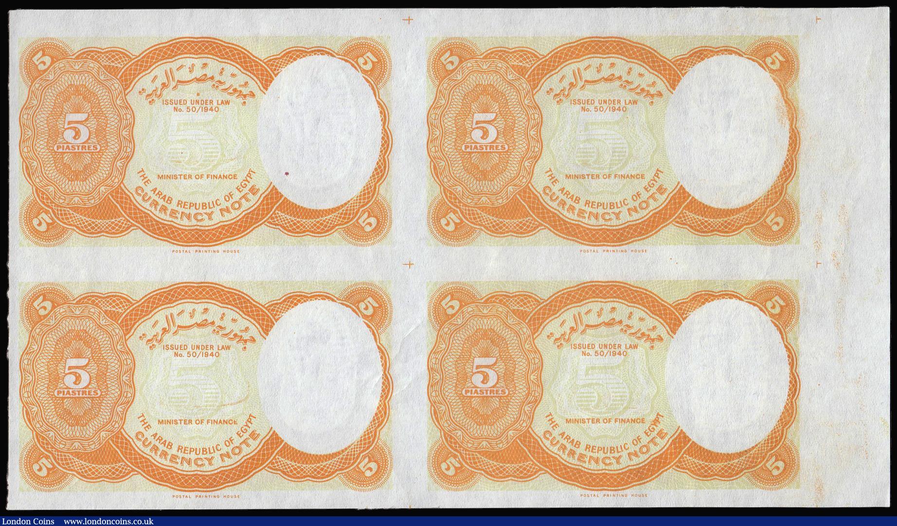 London Coins : A176 : Lot 159 : Egypt Five Piastres Colour Trial (undated, 1940) an uncut 2x2 sheet of four notes Obverse and Revers...