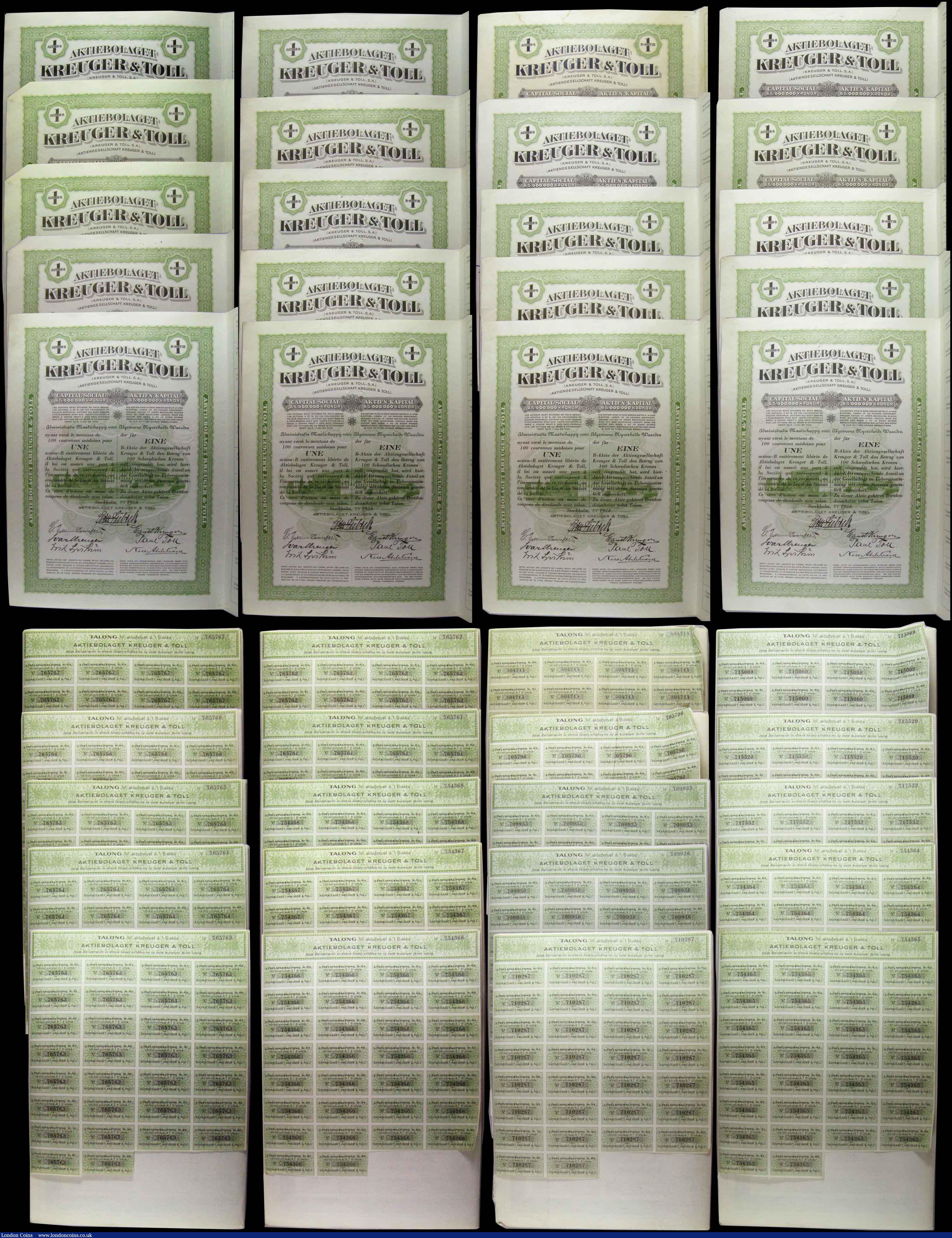 London Coins : A176 : Lot 18 : Sweden Kreuger & Toll share certificates for one share (20) 1928, 19 pieces dated Stockholm 1/7/...