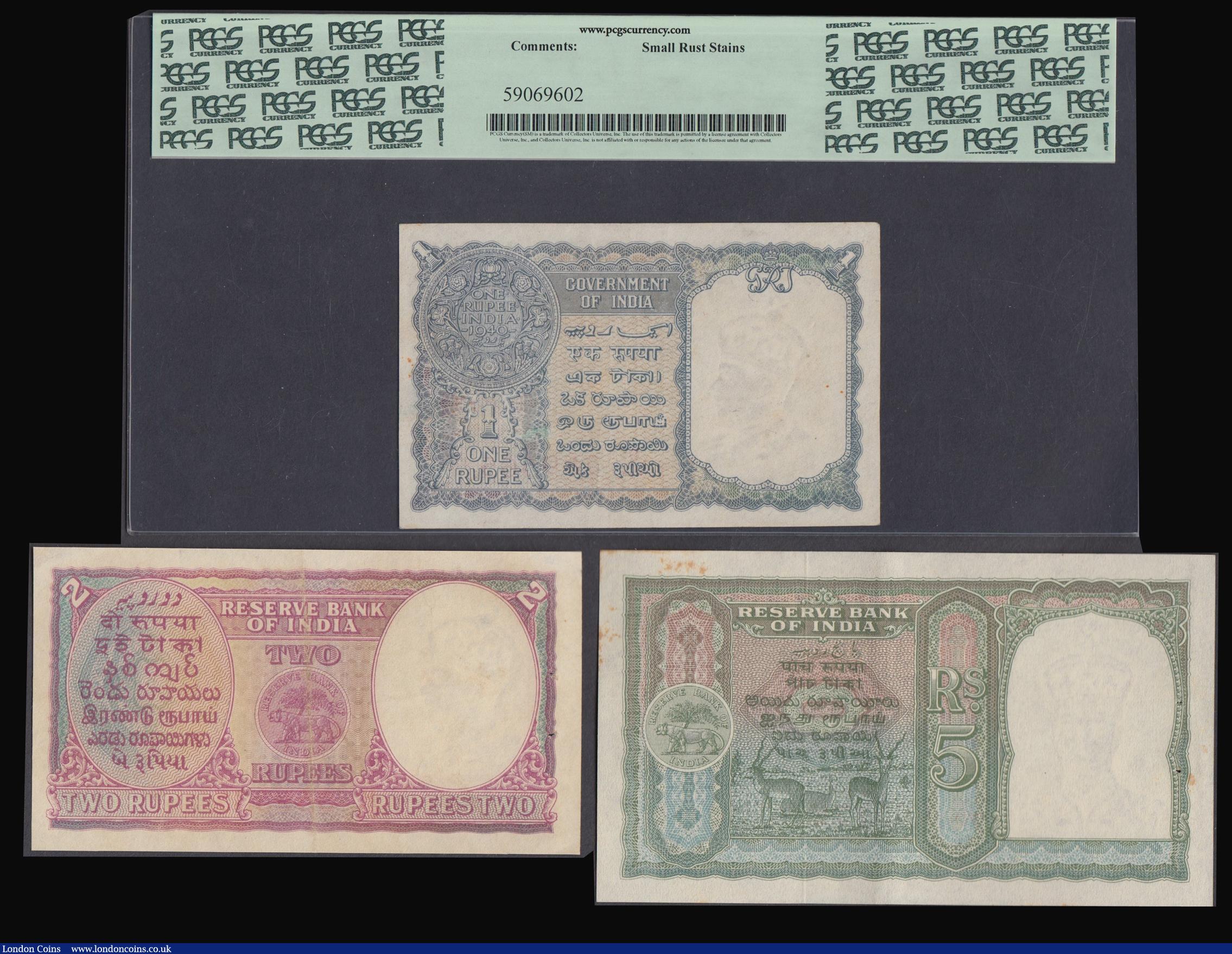 London Coins : A176 : Lot 187 : India, Reserve Bank set of 3 George VI with red serial numbers 5 Rupees Pick 23b EF or better, 2 Rup...