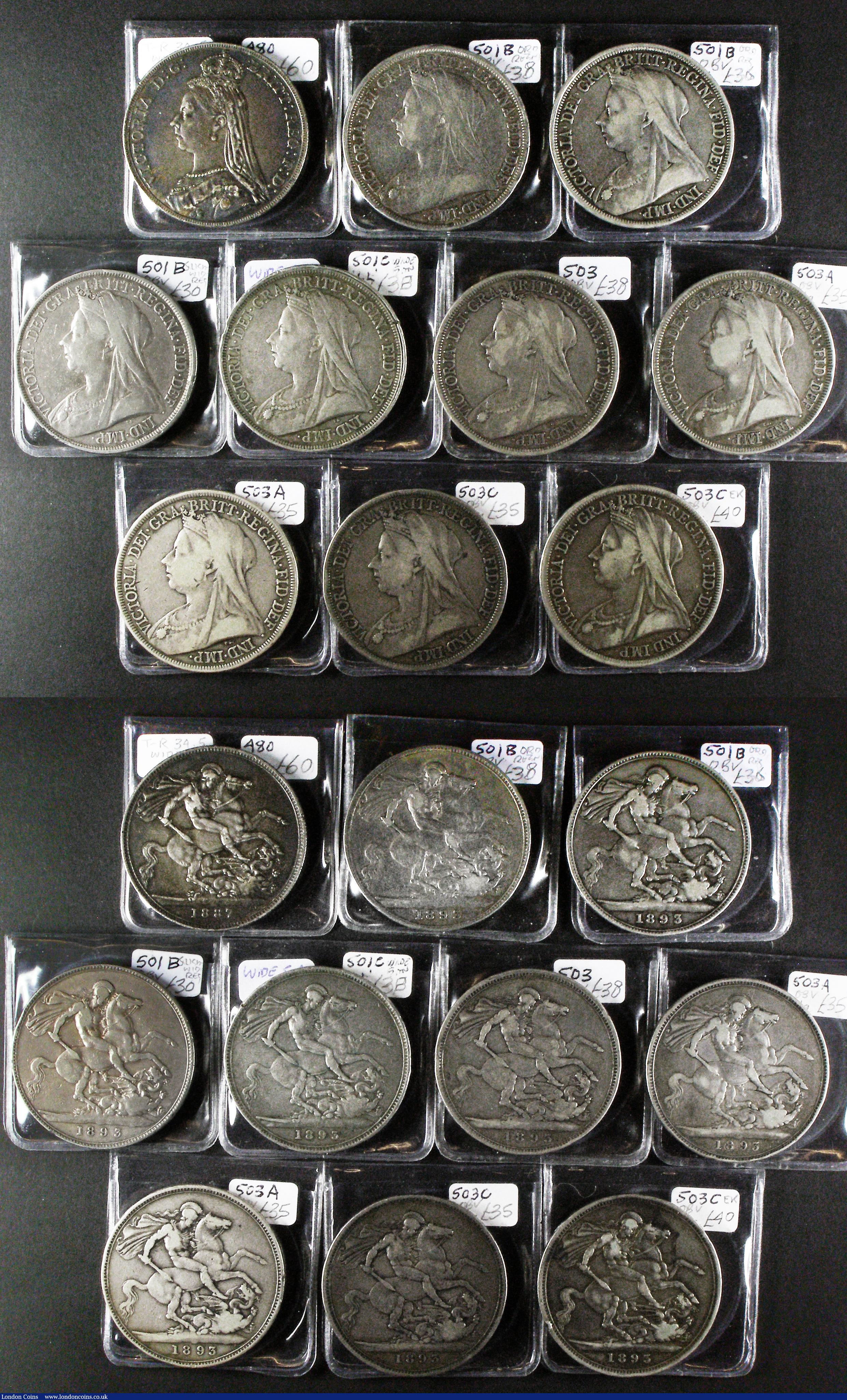 London Coins : A176 : Lot 2268 : Crowns (20) 1887 ESC 296, Bull 2585, Davies 480 dies 1A, VF with grey tone, 1893 LVI Wider spaced 3 ...