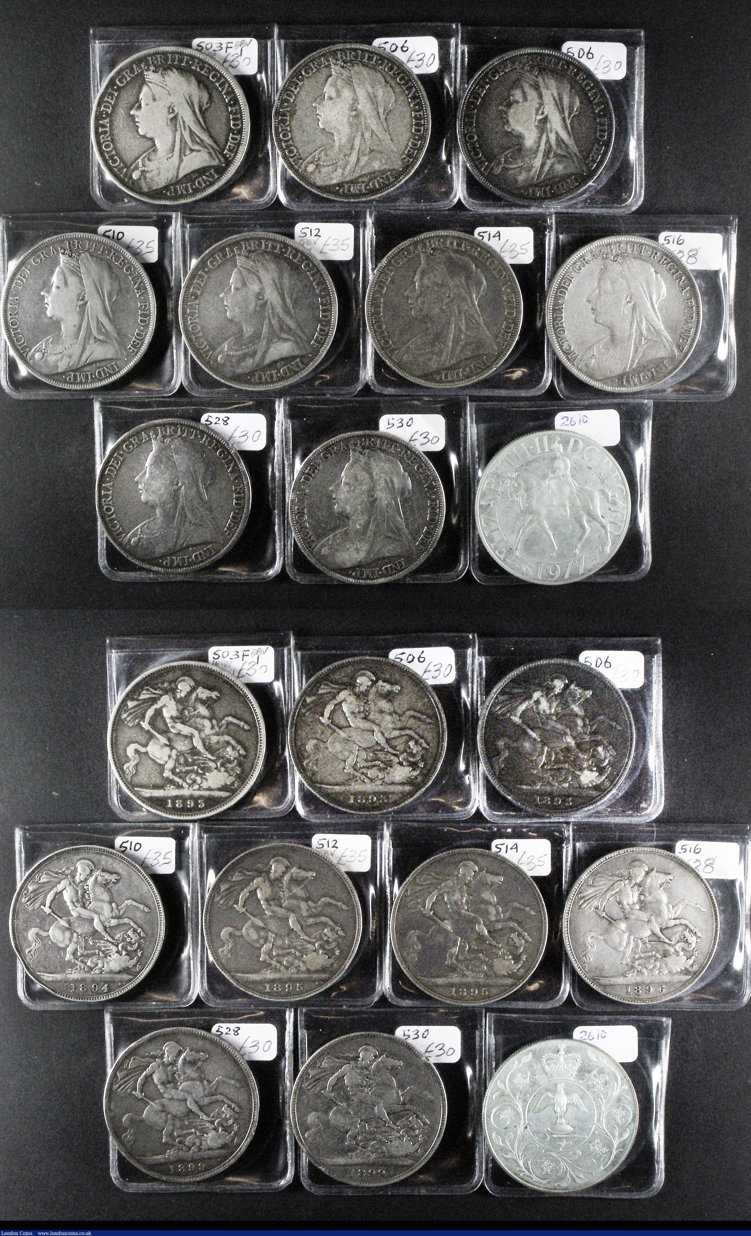 London Coins : A176 : Lot 2269 : Crowns (20) 1888 ESC 298, Bull 2587, Davies 481 dies 1B VG, the reverse better, 1893 LVI Wider space...