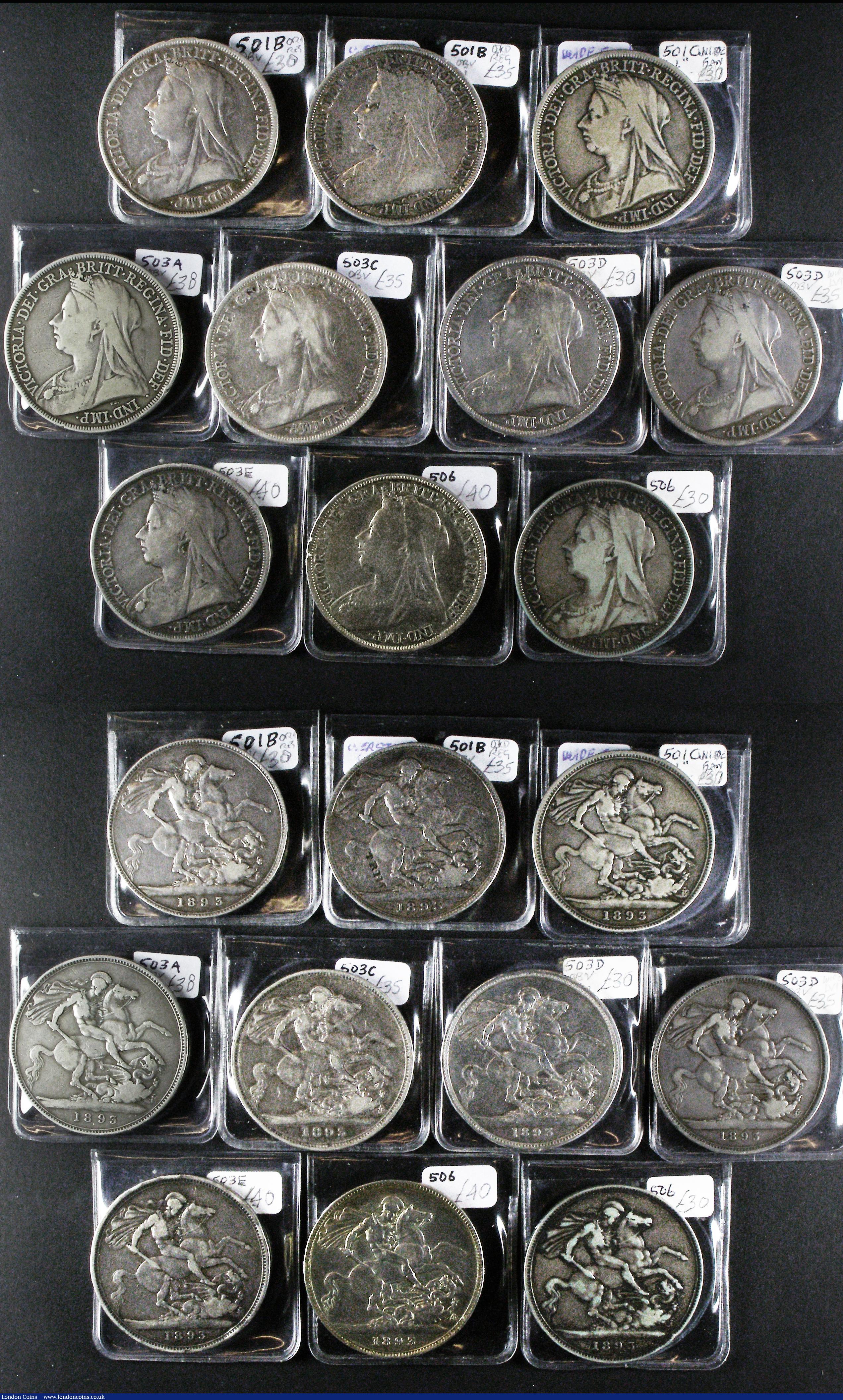 London Coins : A176 : Lot 2271 : Crowns (20) 1893 LVI Wider spaced 3 in date ESC 303, Bull 2593, Davies 501B dies 1A (2) the first Ne...