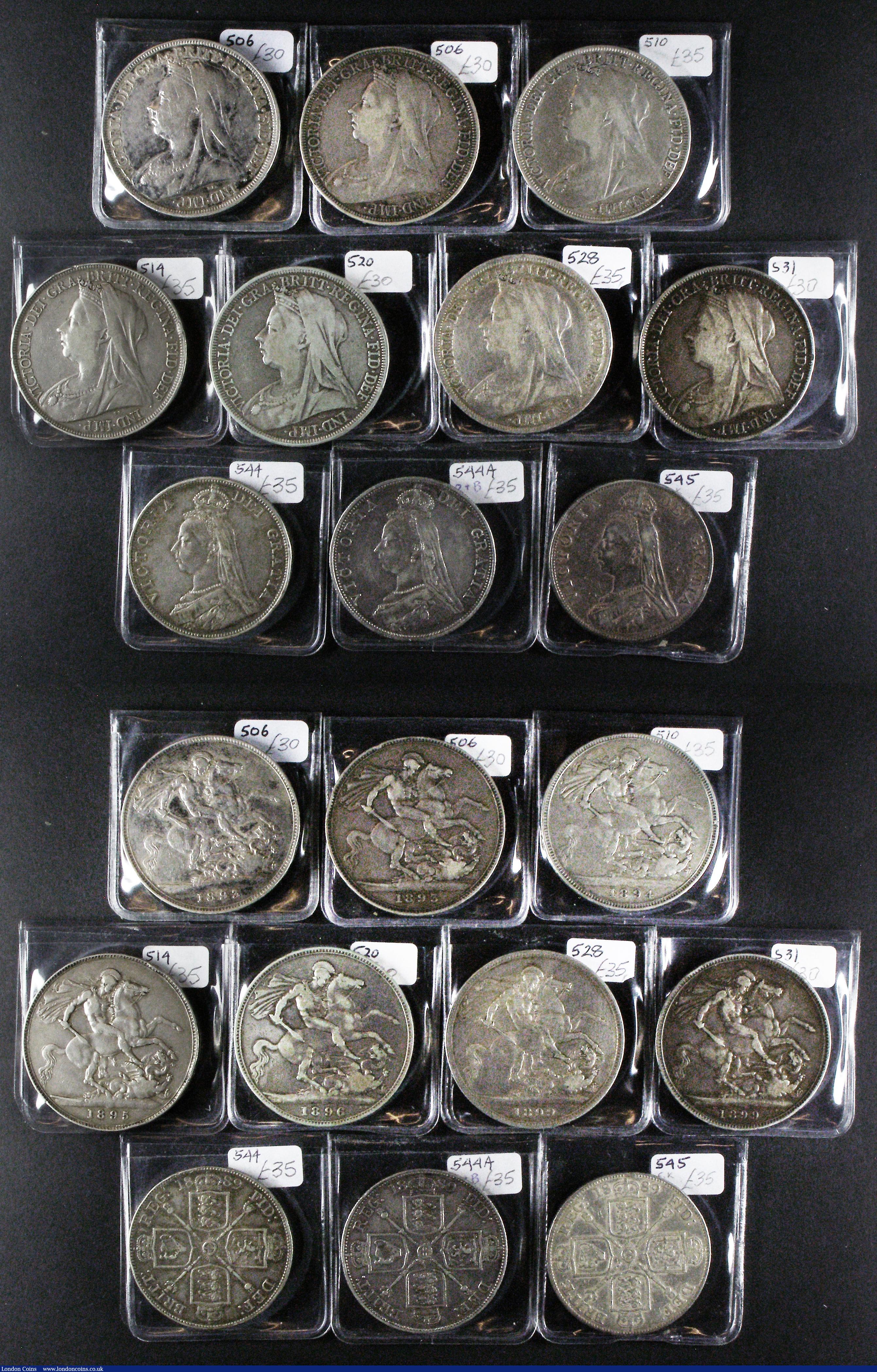 London Coins : A176 : Lot 2280 : Crowns and Double Florins (20) comprising Crowns (17) 1893 LVI Wider spaced 3 in date ESC 303, Bull ...