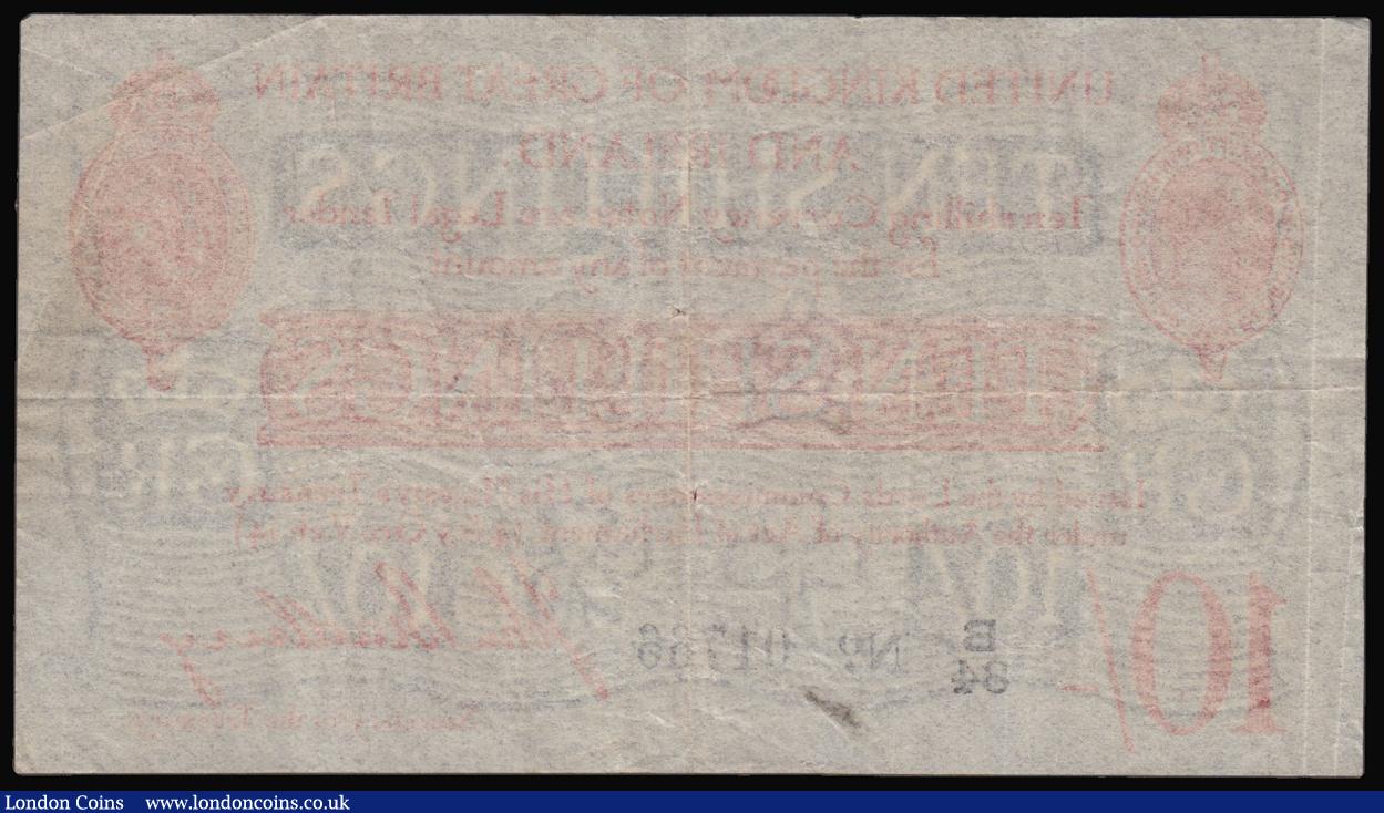 London Coins : A176 : Lot 36 : Ten Shillings Bradbury T12.1 issued 1915 series B/34 01766 VF two tiny pinholes 