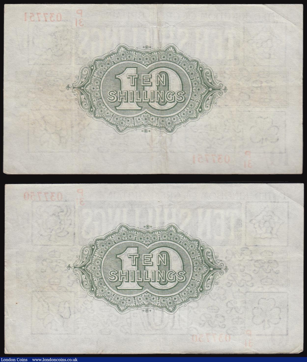 London Coins : A176 : Lot 49 : Ten Shillings Fisher Second issue (2) red serial numbers, with the word No. now omitted, T30. Serial...