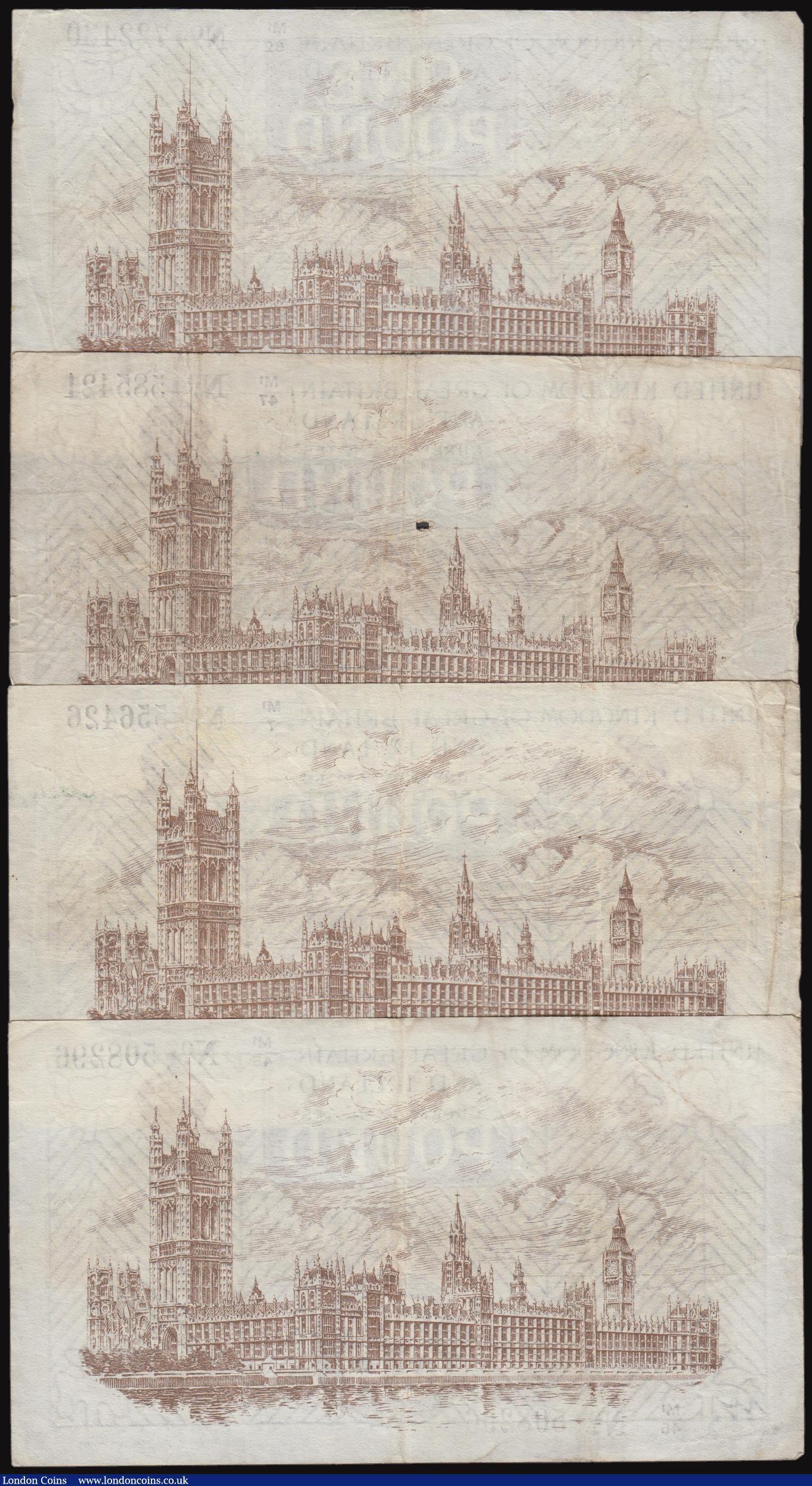 London Coins : A176 : Lot 54 : One Pound Fisher T31 (4) Serial Numbers M1/7 5565426, M1/45 508296, M1/47 585421, M1/62 722430 Fine ...