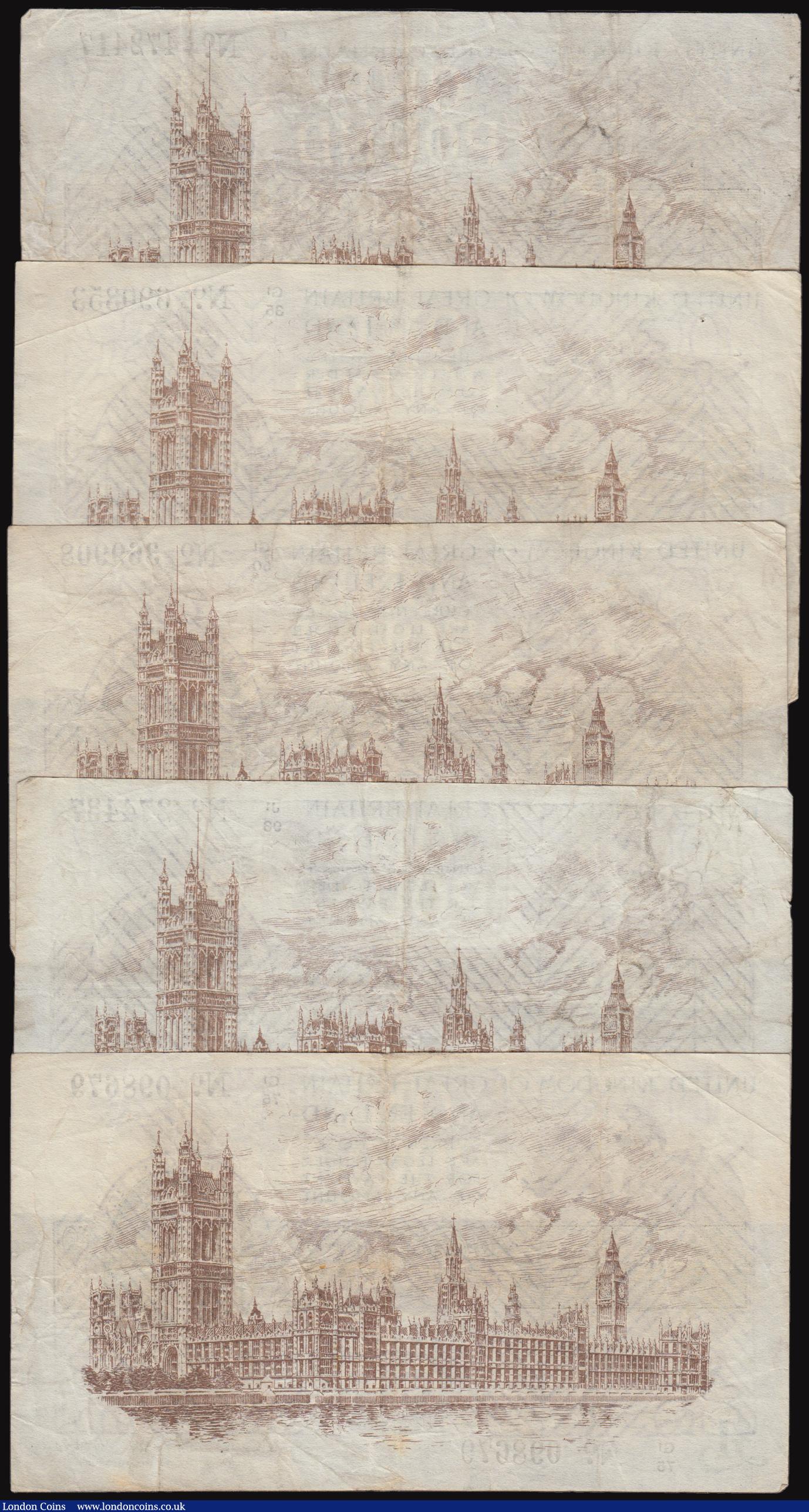 London Coins : A176 : Lot 57 : One Pound Fisher T31 (5) Serial Numbers G1/35 690353, G1/50 369908, G1 75 098679, J1/93 274437, L/1 ...