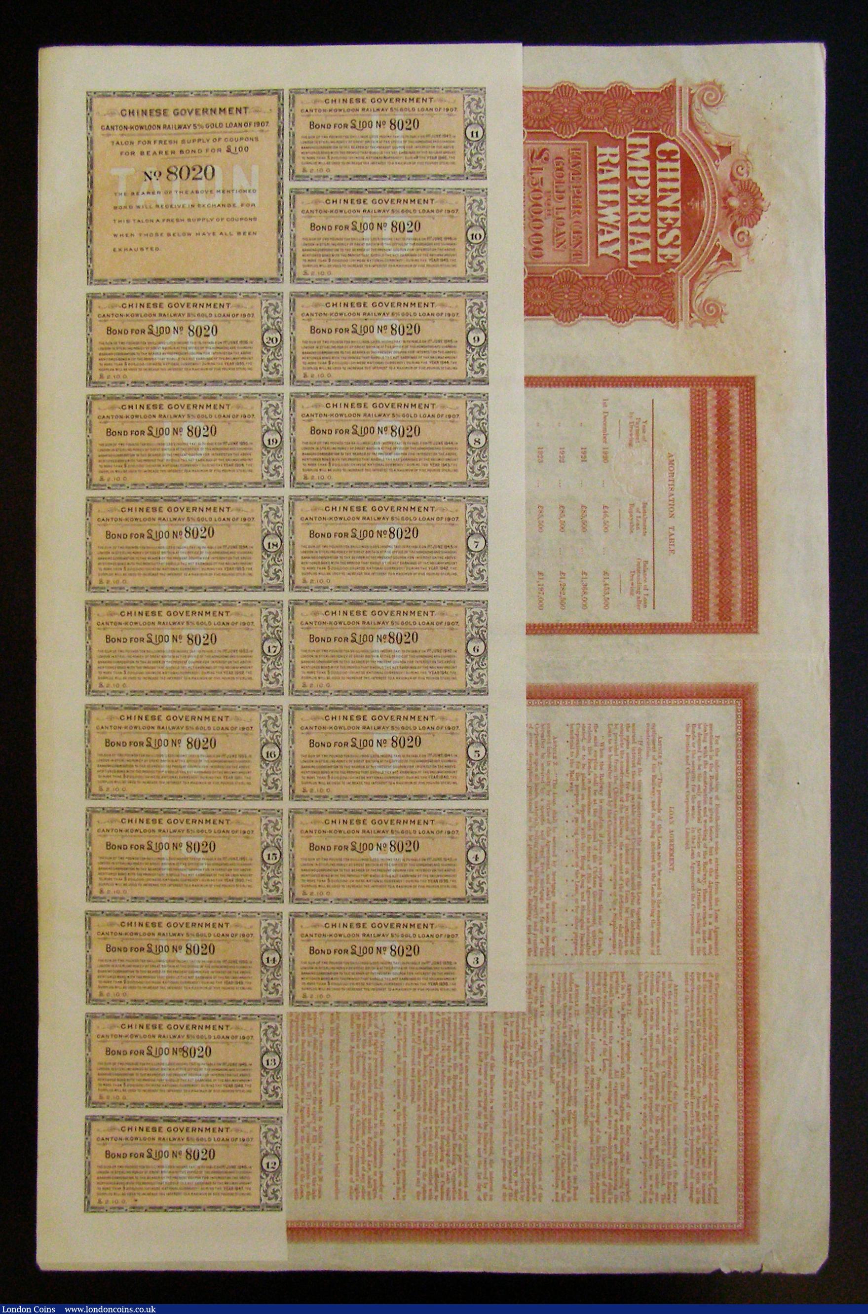 London Coins : A176 : Lot 6 : China, Chinese Imperial Railway, Canton-Kowloon Railway, bond for £100, London 1907, ornate bo...