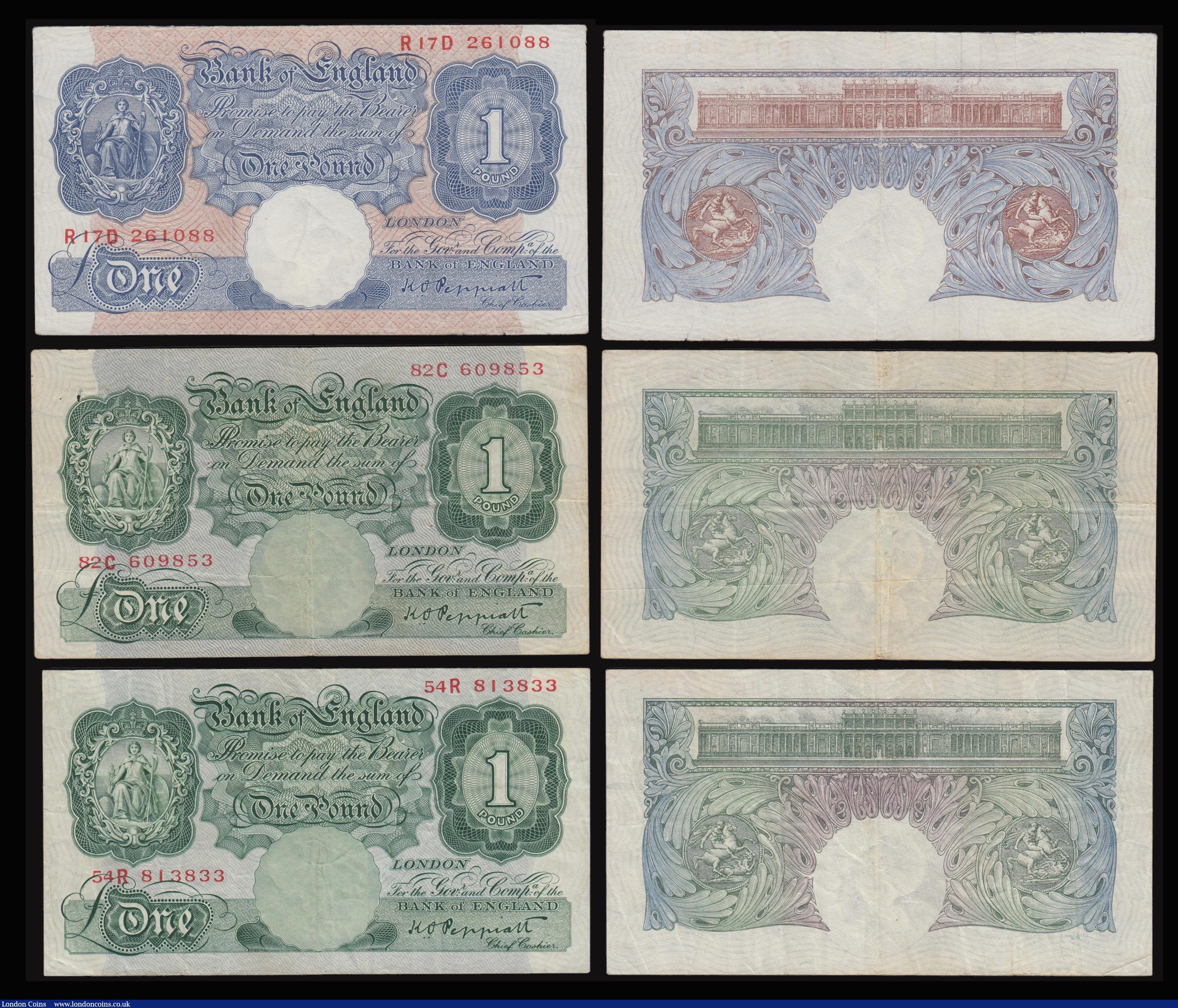 London Coins : A176 : Lot 62 : One Pounds Warren Fisher 1923 T31 G1/98, Catterns B225 last series Z69 012996, Peppiatt (3)  Green B...