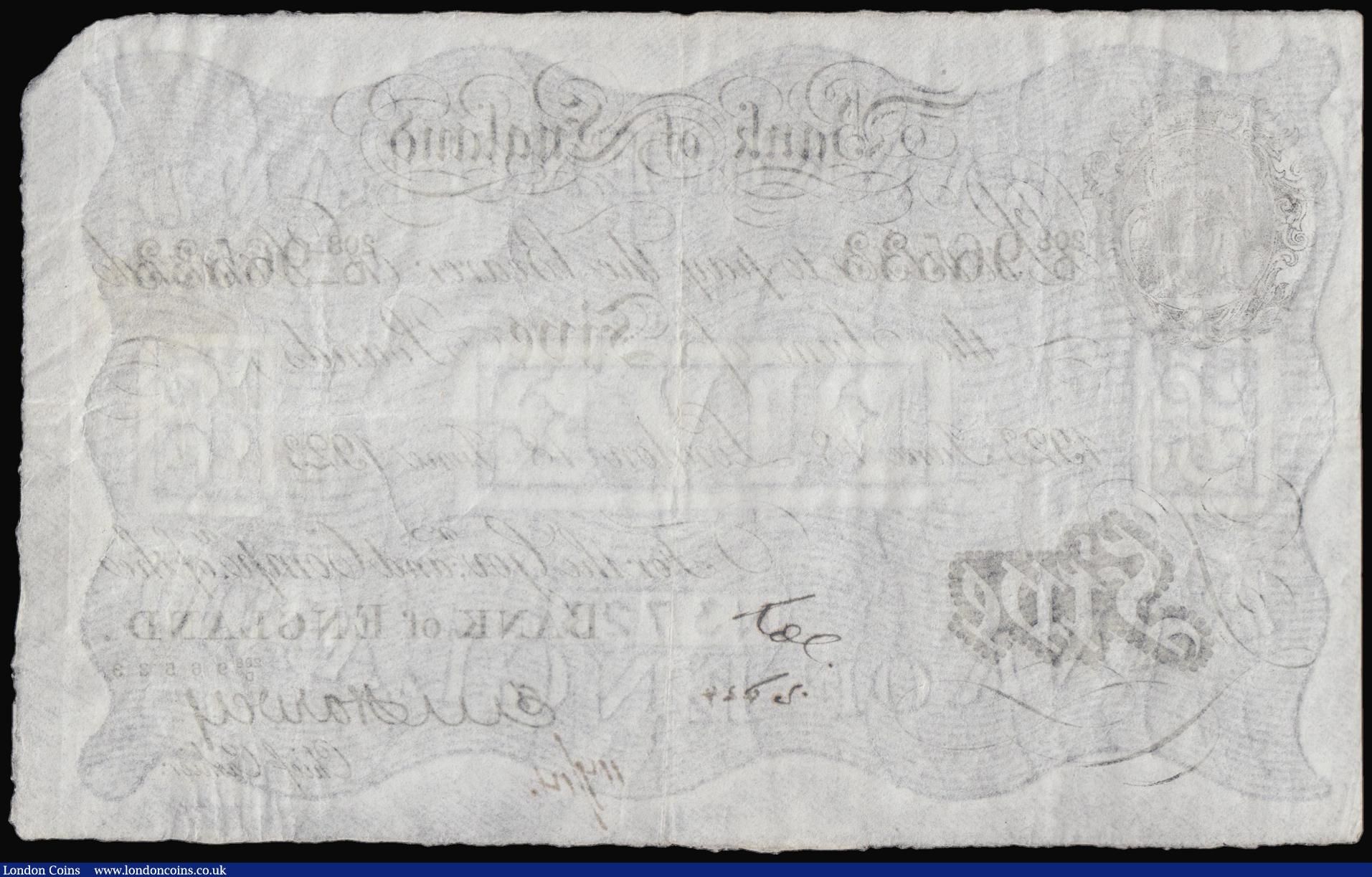 London Coins : A176 : Lot 69 : Five Pounds White Harvey. B209A. London 18 June 1923 VF with some small inked numbers, 208/D 96533