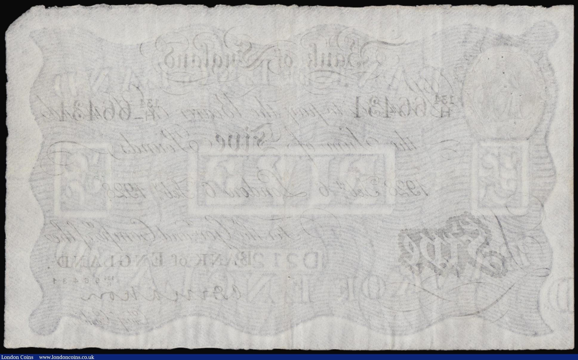 London Coins : A176 : Lot 75 : Five Pounds Mahon white note B215 London 6th February 1928 134/H 66431, (Pick320a),  VF