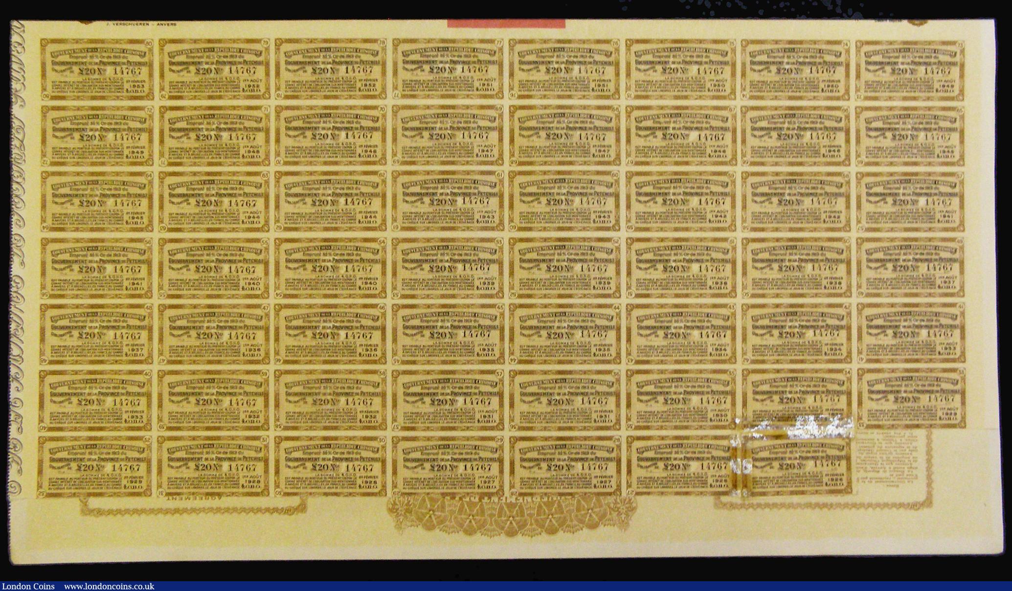 London Coins : A176 : Lot 8 : China: 1913 Province of Petchili 5½% Gold Loan bond for  £20, Antwerp, #14767, text in ...