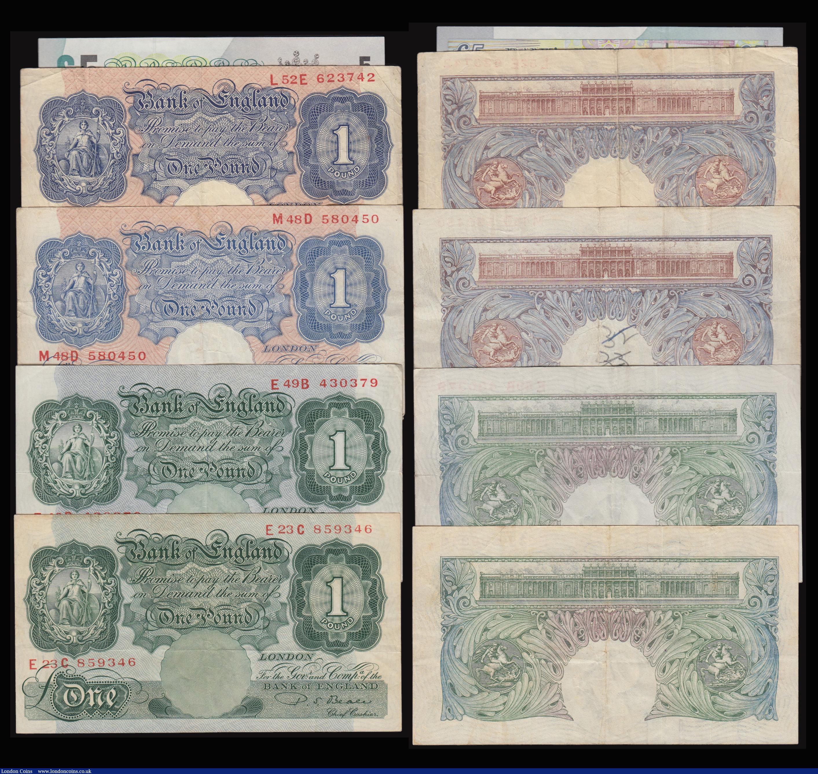 London Coins : A176 : Lot 93 : One Pounds Peppiatt Blue Shades (2), Peppiatt Green prefix E49B and Beale prefix E23C. Ten Shillings...