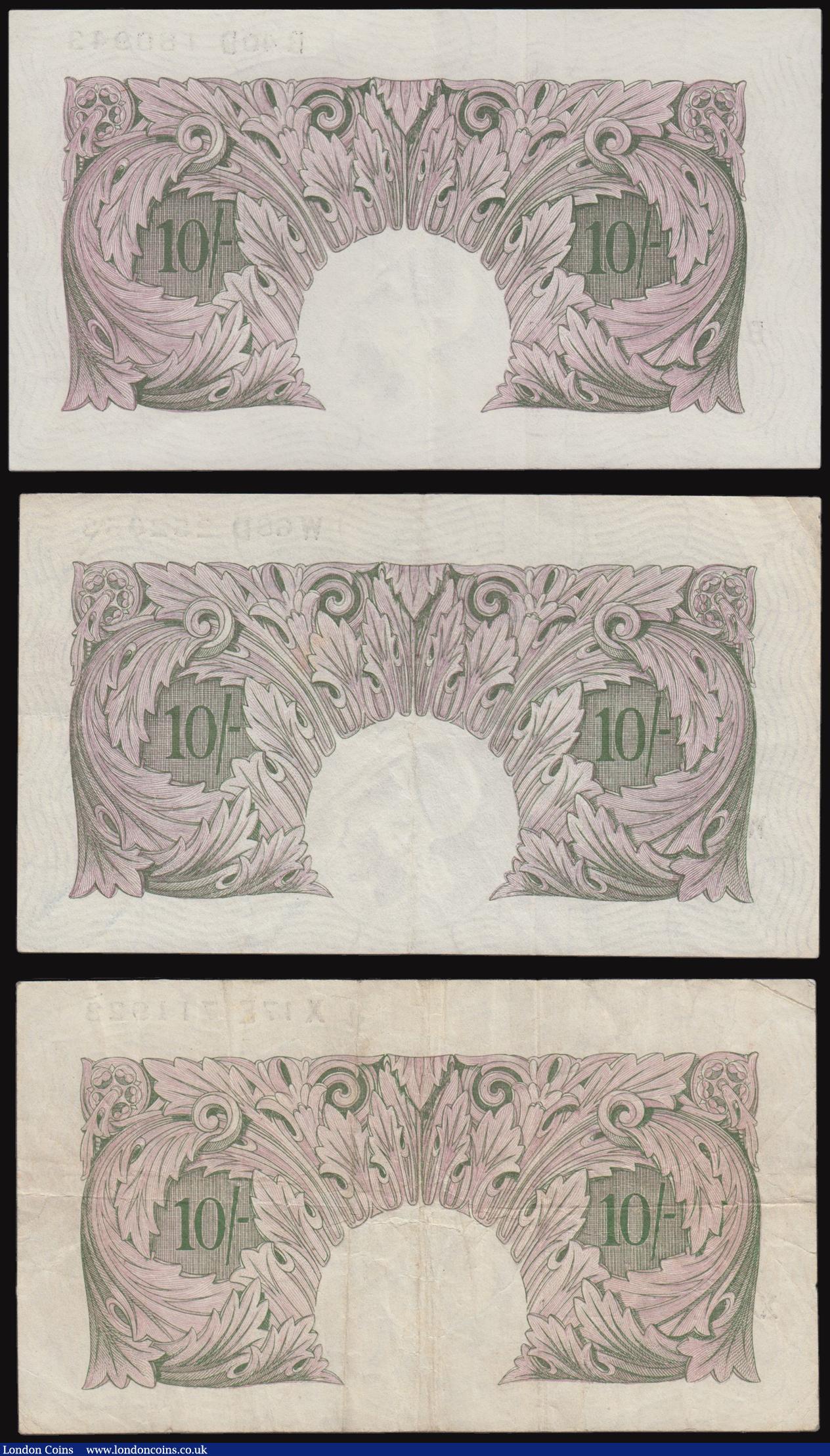 London Coins : A176 : Lot 94 : Ten Shillings Peppiatt Mauve B251 (3) prefix B40D AU and W68D GVF and last series X17E 711922 Fine