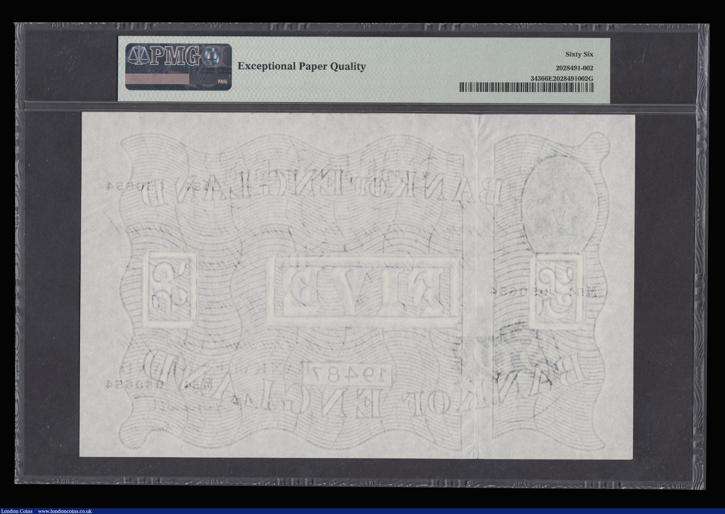 London Coins : A176 : Lot 99 : Five Pounds Peppiatt White B264 dated London 26 June 1947 M54 050654 Gem Uncirculated and graded 66 ...