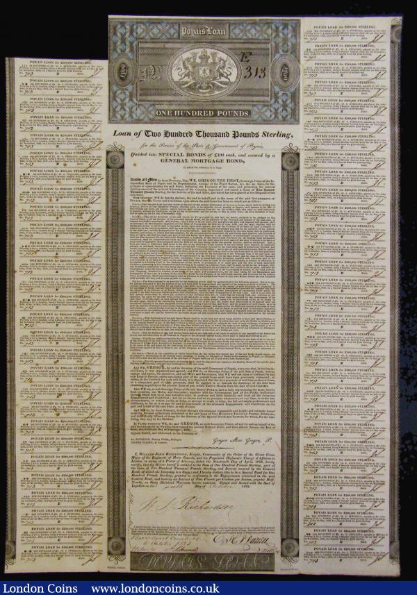 Honduras, Poyais General Mortgage Bond of £200,000, Special Bond for £100 sterling, 1823, number E313, signed by Major William John Richardson, large format, Black and Blue printing by Whiting, Lombard Street, scrollwork design at top, VF with a few small spots, with all but two coupons, an unusual item : Bonds and Shares : Auction 176 : Lot 14