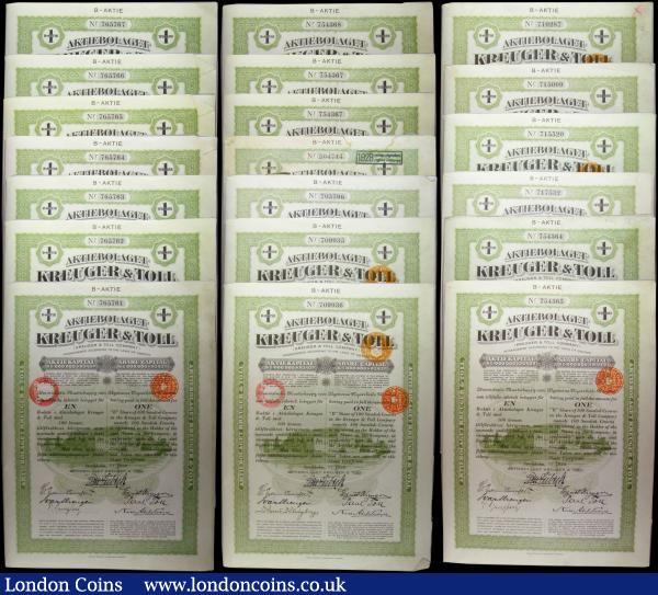 Sweden Kreuger & Toll share certificates for one share (20) 1928, 19 pieces dated Stockholm 1/7/1928 and one piece dated Stockholm 15/6/1928 Fine to VF with coupons : Bonds and Shares : Auction 176 : Lot 18