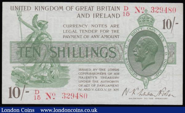 Ten Shillings Warren Fisher T26 issued 1919 first series D/15 329480 (No. with dash), cleaned & pressed, GVF looks better : English Banknotes : Auction 176 : Lot 48