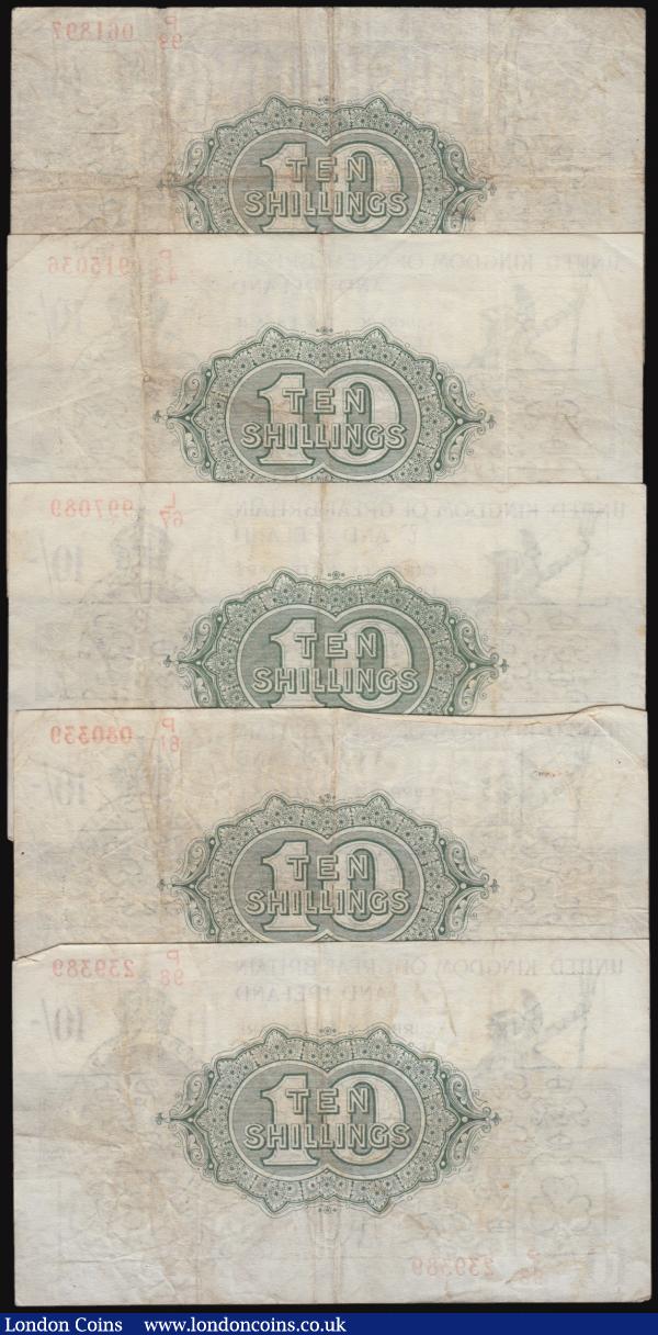 Ten Shillings Fisher Second issue (5) red serial numbers, with the word No. now omitted, T30. L/67 997089, P/43 915036, P/81 080339, P/98 239389 and P/99 061897, Fine to VF the third with a pinhole in the centre : English Banknotes : Auction 176 : Lot 51