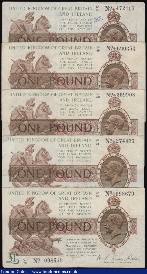 One Pound Fisher T31 (5) Serial Numbers G1/35 690353, G1/50 369908, G1 75 098679, J1/93 274437, L/1 472417 Fine to VF the last with an inked number below the top serial number  : English Banknotes : Auction 176 : Lot 57