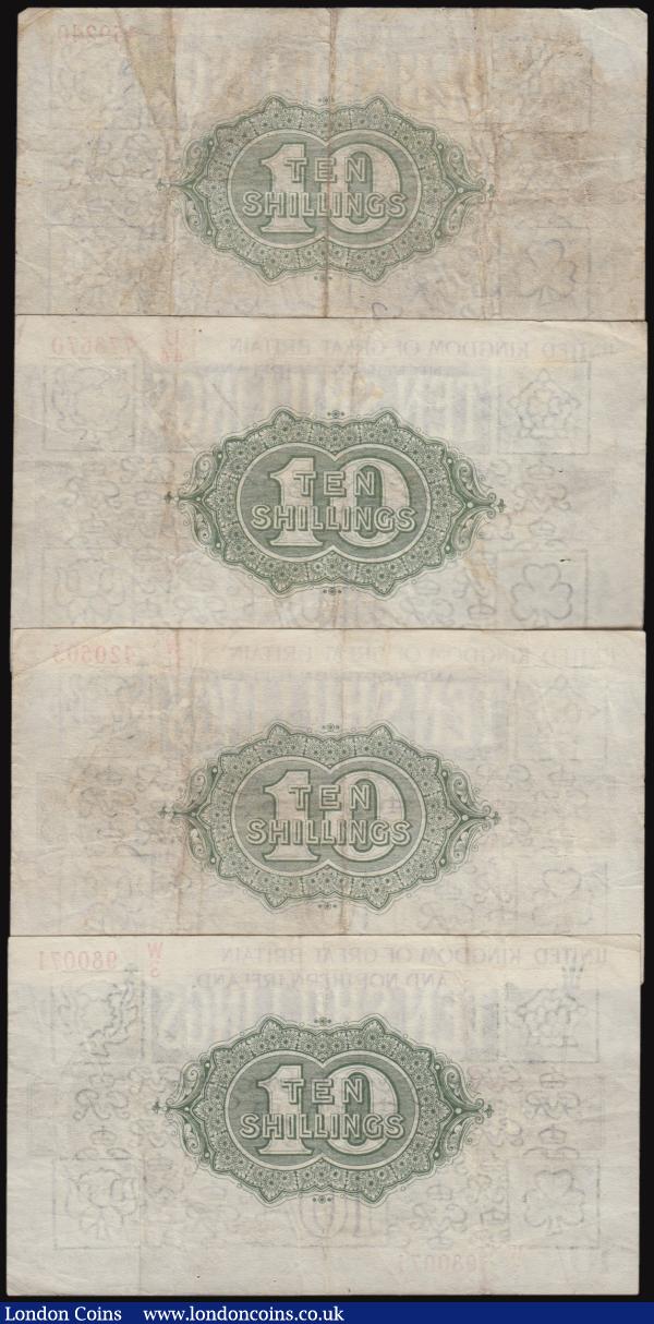 Ten Shillings Fisher Third issue, Northern Ireland in titles, red serial numbers (4) U/44 778670 with two pinholes, and a group of last series W/3 980071, W/10 459240 (inked annotation on obverse) and W/72 420503 Fine to VF : English Banknotes : Auction 176 : Lot 64