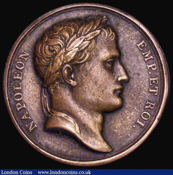 France, The Ligurian Republic annexed to France, 40mm diameter in copper by Andrieu, Brenet and Denon. Obverse: Laureate head right NAPOLEON EMP. ET ROI., Reverse: Liguria, head bowed, submits to Napoleon, in robes of a Roman general, In Exergue: LA LIGURIE REUNIE A LA FRANCE, 50.64 grammes, VF, the obverse with some old thin scratches : Medals : Auction 177 : Lot 781