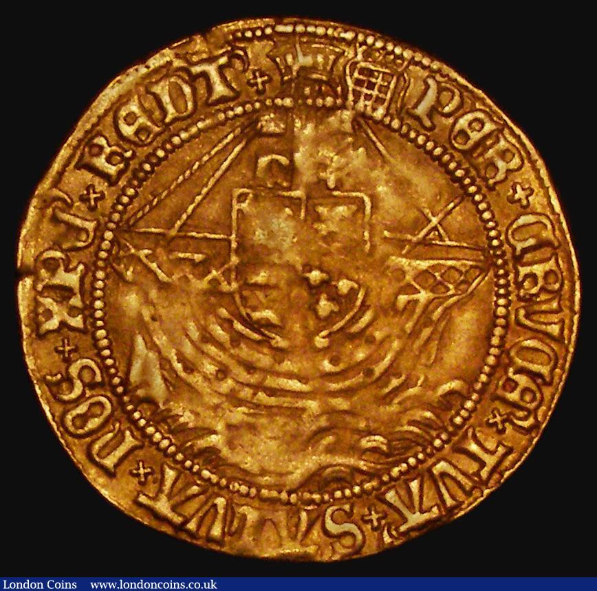 London Coins : A177 : Lot 1195 : Angel Henry VIII First Coinage, h and rose above shield, S.2265 mintmark Portcullis, 5.11 grammes, F...