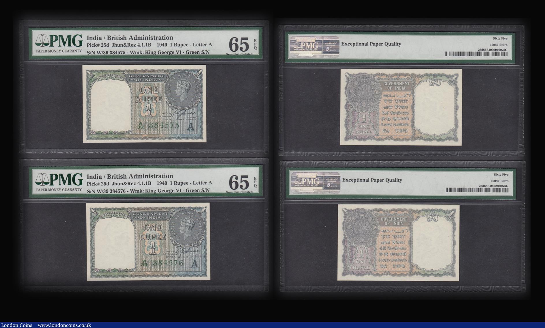 London Coins : A177 : Lot 123 : India One Rupee (6) 1940 issues, green serial number, Prefix letter A, all consecutively numbered Pi...
