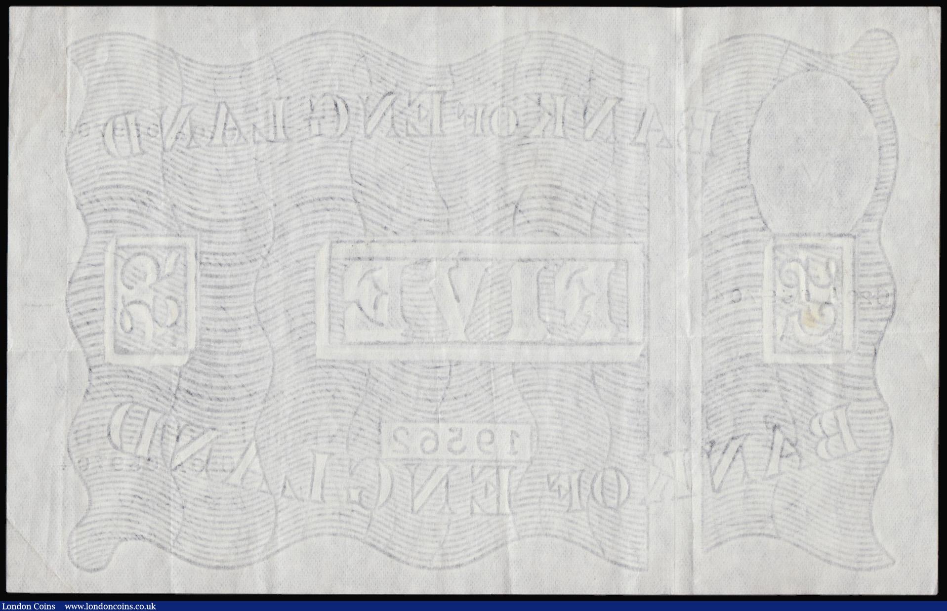 London Coins : A177 : Lot 13 : Five Pounds White O'Brien London 24 February 1956 C20A 059704 GVF with some faint brown stains ...