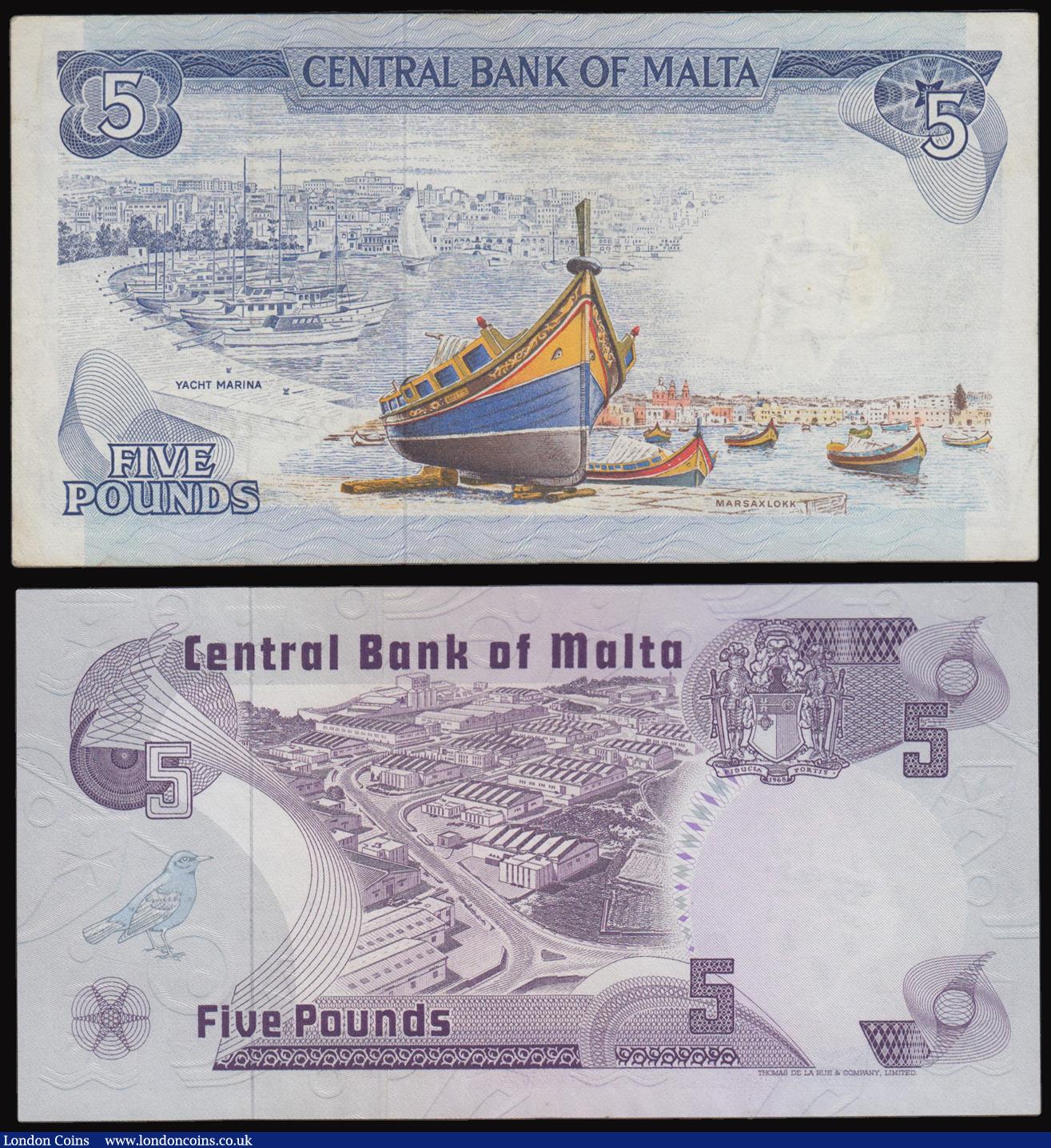 London Coins : A177 : Lot 137 : Malta - Bank Centrali Ta' Malta £5 (2) 1967 issue signatures H. de Gabriele and J. Laspin...