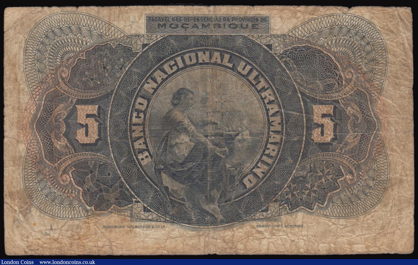 London Coins : A177 : Lot 142 : Mozambique Five Escudos 1921 issue, without DECRETO, Pick 68b, serial number 1,567,354, Fine with a ...