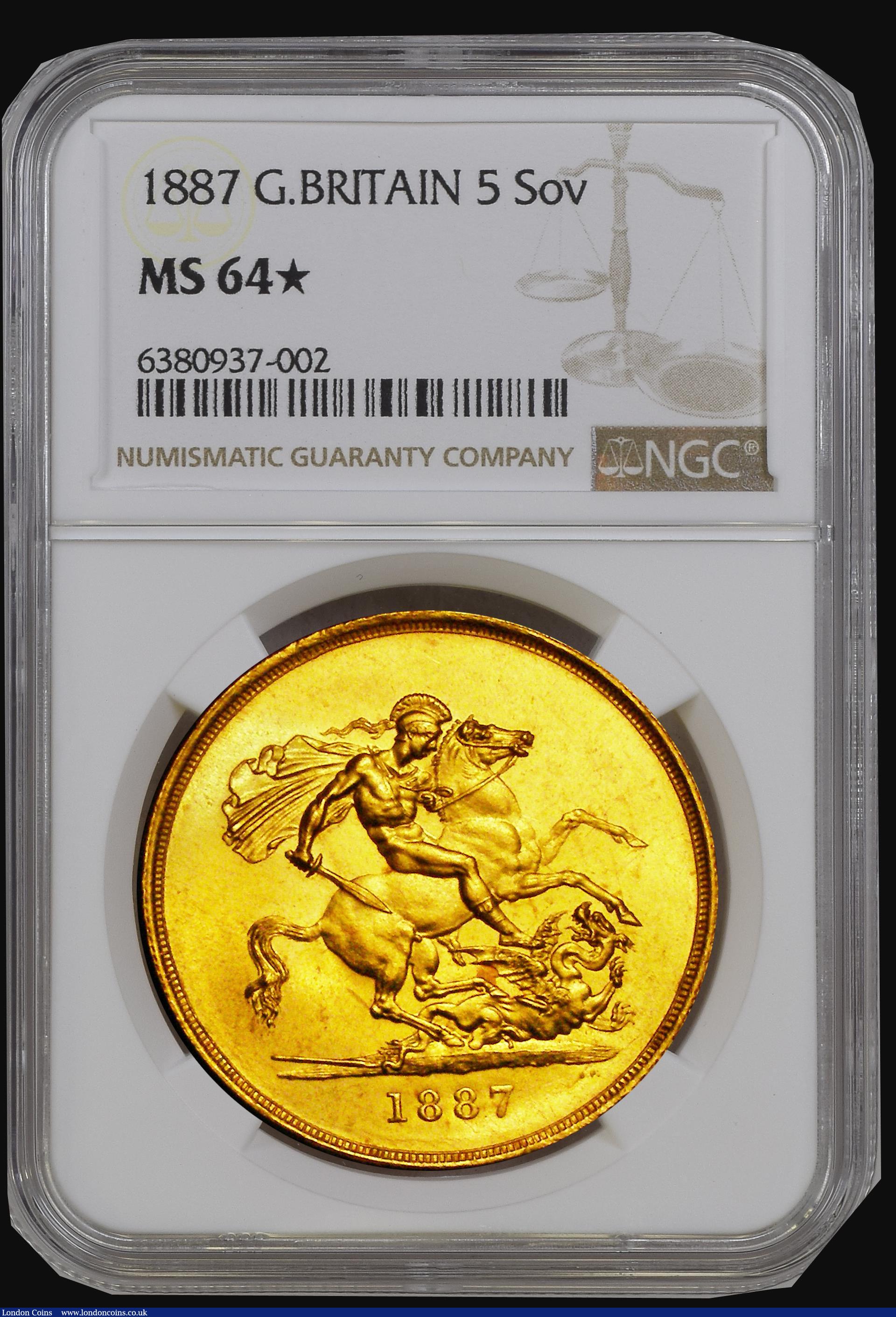 London Coins : A177 : Lot 1515 : Five Pounds 1887 S.3864 in an NGC holder and graded MS64*, the star designation only given to choice...