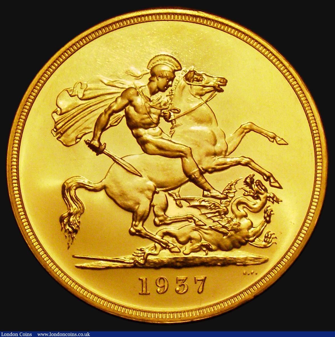 London Coins : A177 : Lot 1523 : Five Pounds 1937 Gold Proof S.4074 nFDC with a few very light hairlines, retaining practically full ...