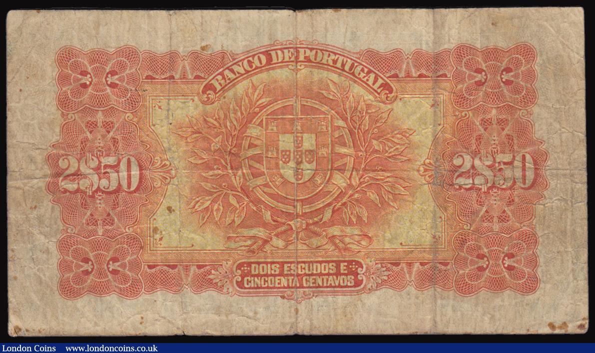 London Coins : A177 : Lot 155 : Portugal 2 Escudos 50 Centavos 1922 issue, Pick 127, serial number 1HP 04889, VG or better with some...