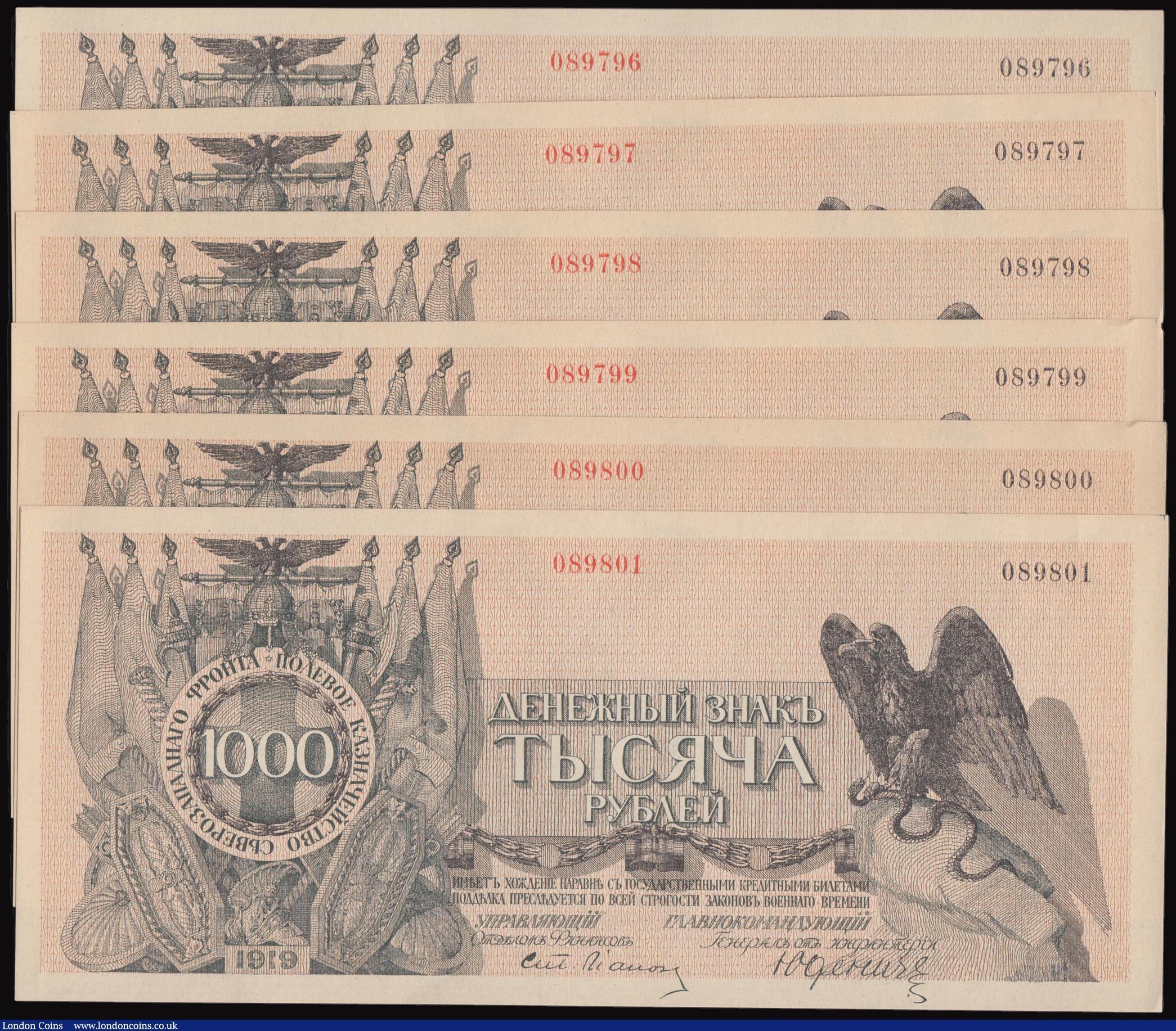 London Coins : A177 : Lot 159 : Russia - Northwest 1000 Rubles 1919 Pick S210 (6) consecutive numbers 08976- 089801 AU-Unc