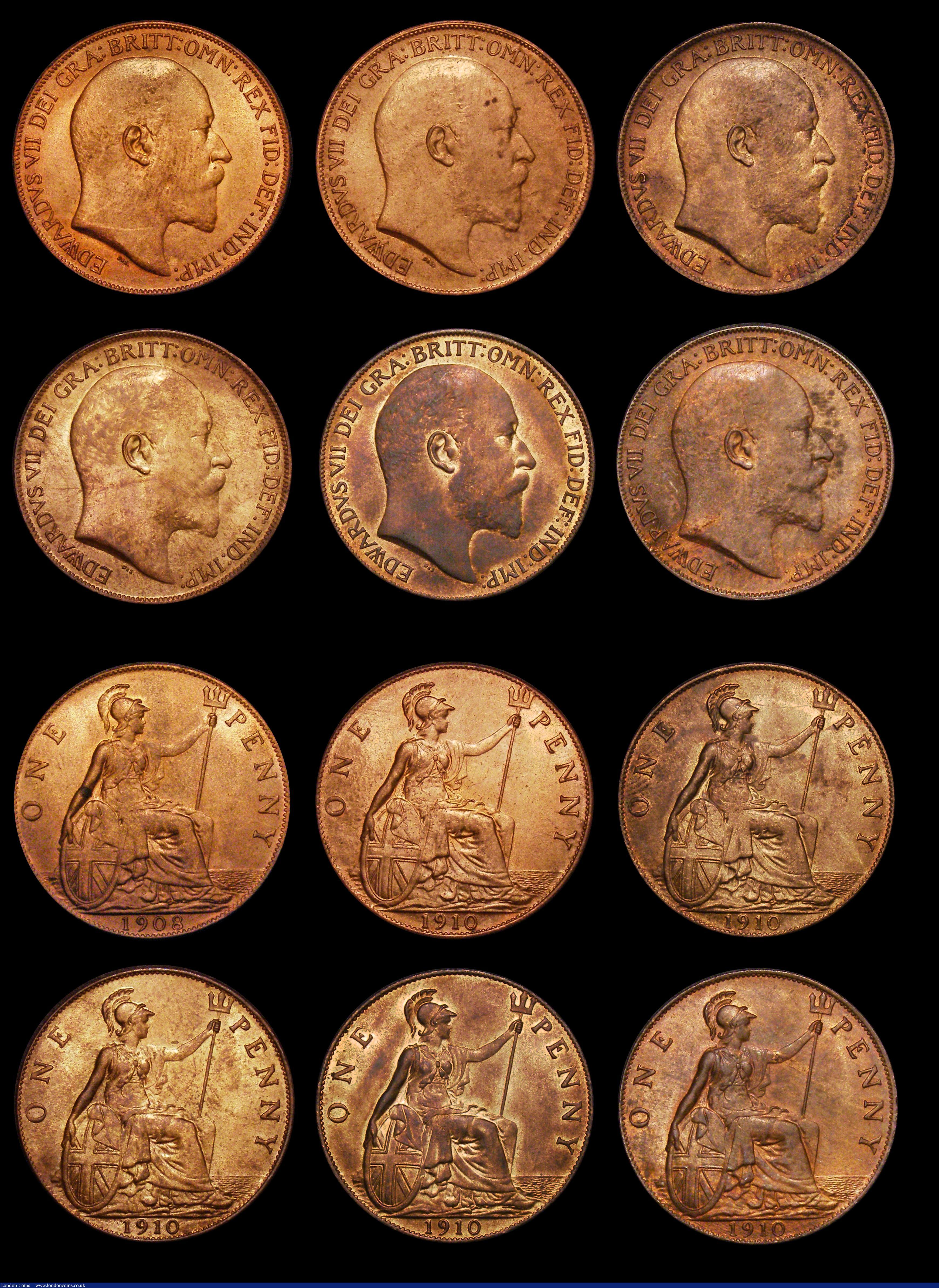 London Coins : A177 : Lot 2376 : Pennies Edward VII (11) 1906, 1907 (2), 1908 Freeman 166 dies 2+D (3), 1910 (5) GEF to UNC all lustr...