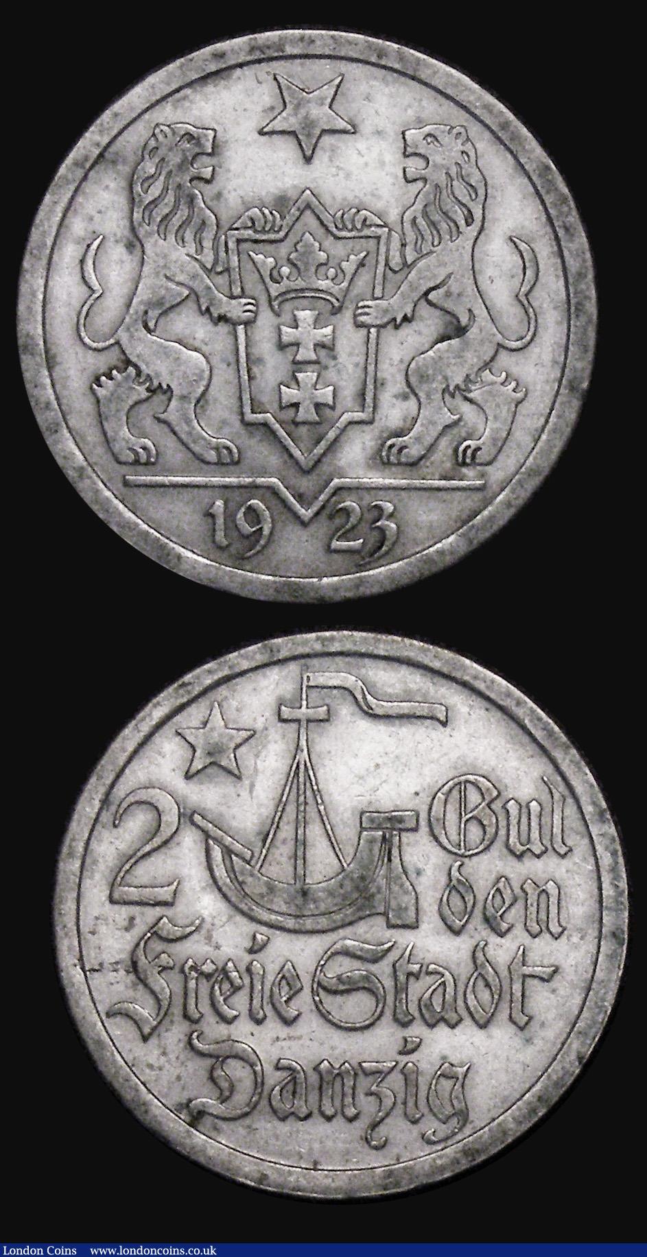 London Coins : A177 : Lot 2460 : Danzig 1923 (3) 10 Pfennig, 1 Gulden, 2 Gulden toned VF-EF the 2 Gulden with some light (probably re...