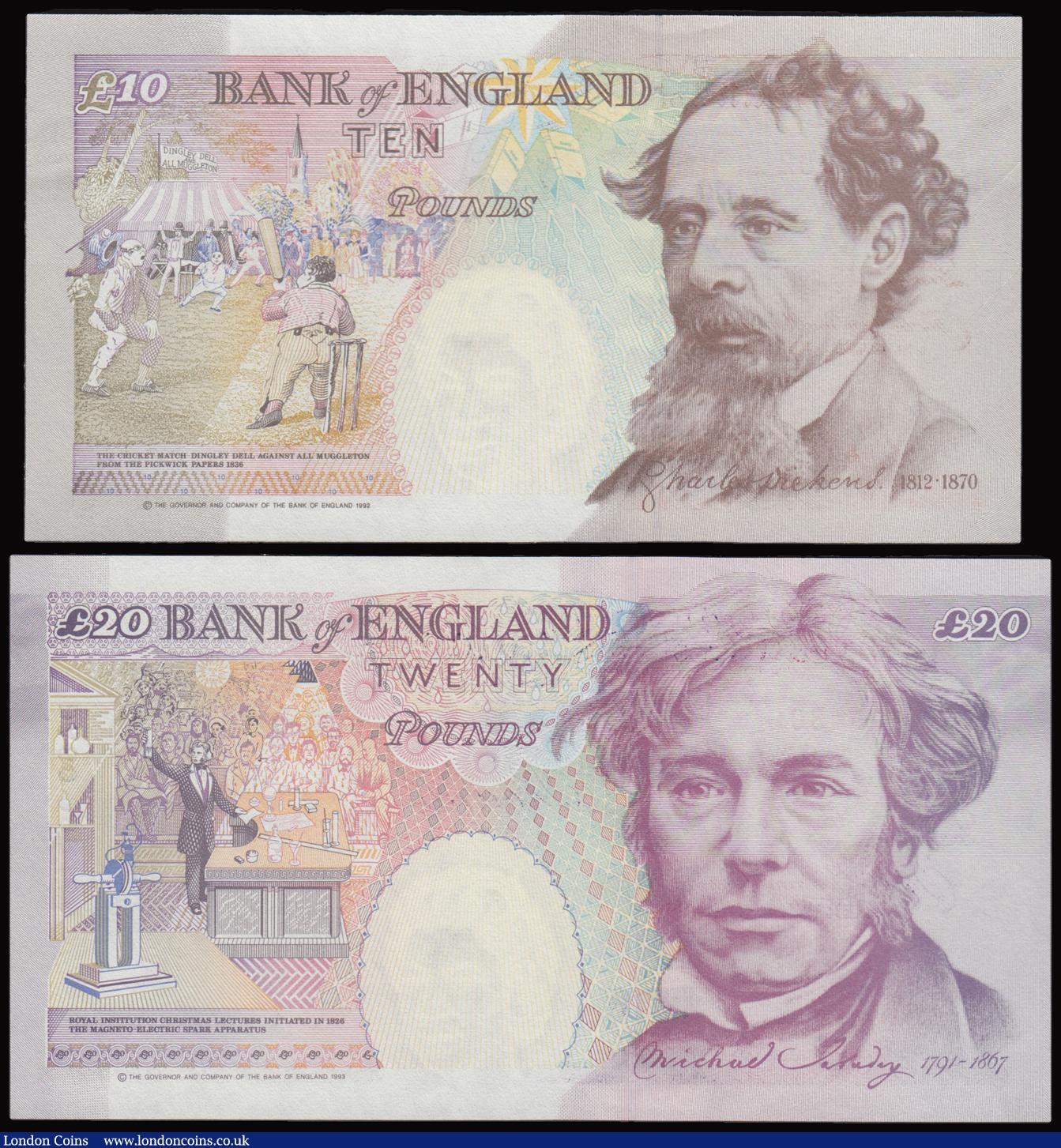 London Coins : A177 : Lot 38 : Ten Pounds Kentfield 1992 Charles Dickens B366 A01 005092 and Twenty Pounds Lowther Faraday 1999 B38...