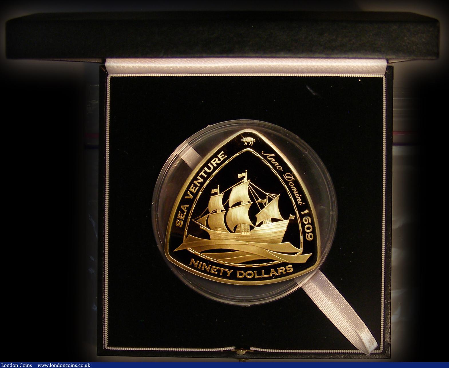 London Coins : A177 : Lot 644 : Bermuda 90 Dollars 2006 Shipwreck Series - The Sea Venture, Triangular 5oz. Gold Proof FDC in the bo...