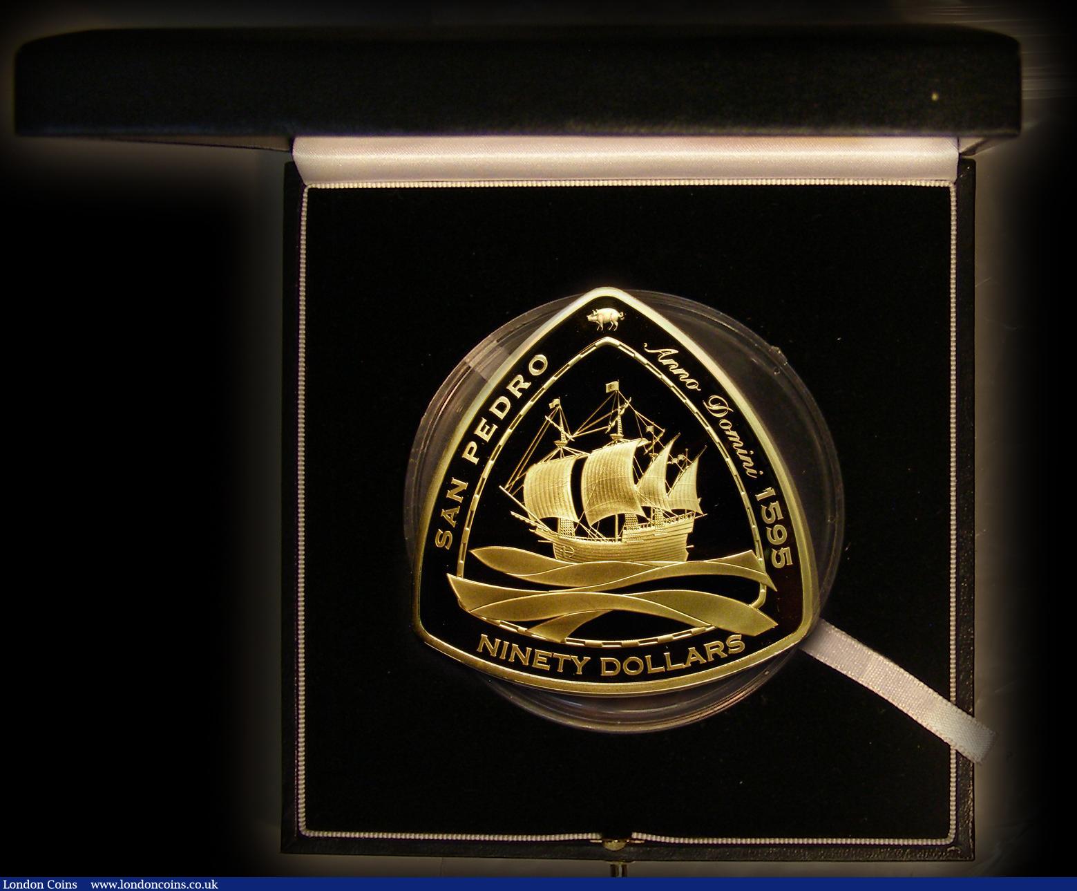 London Coins : A177 : Lot 645 : Bermuda 90 Dollars 2007 Shipwreck Series - The San Pedro, Triangular 5oz. Gold Proof FDC in the box ...