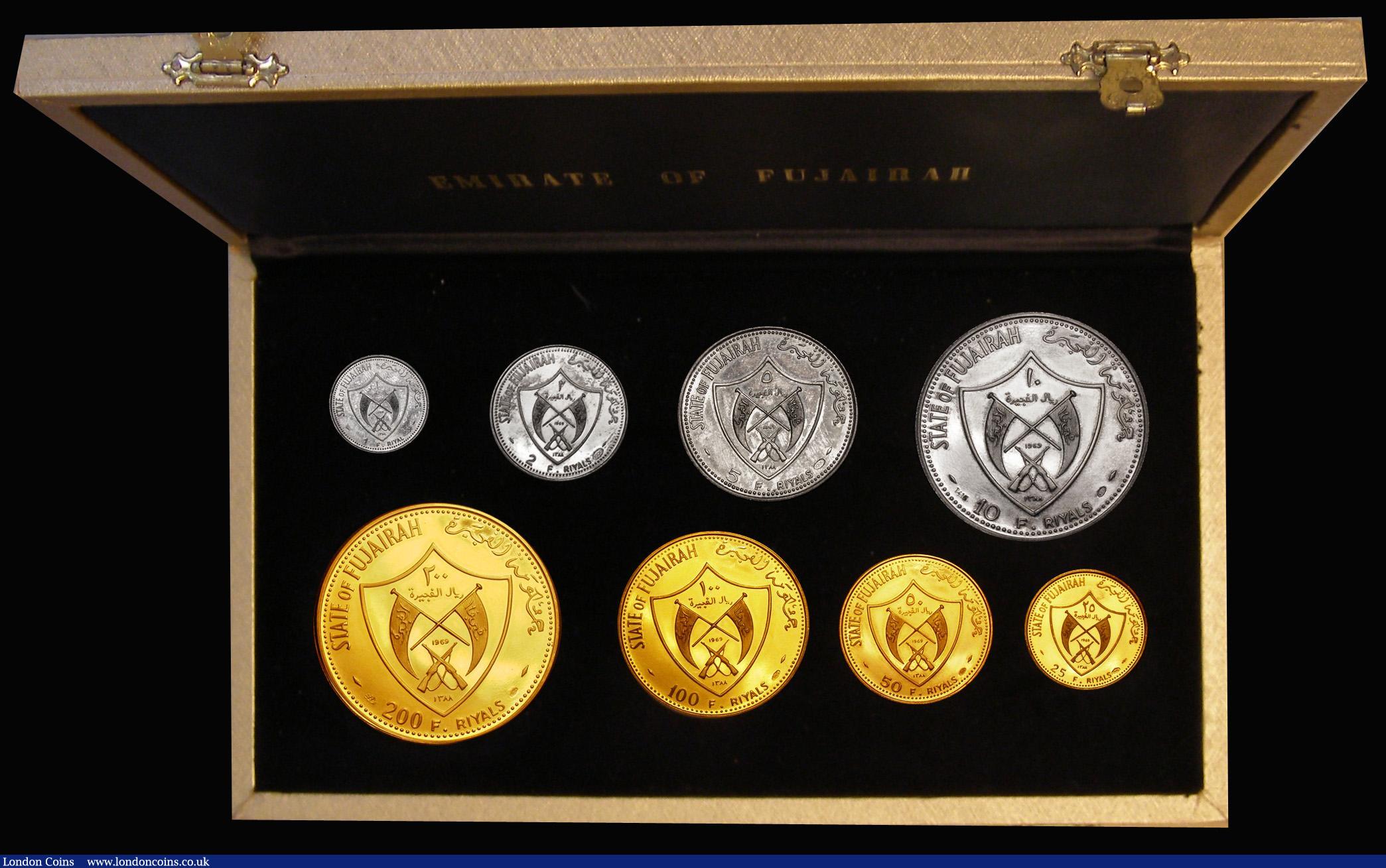 London Coins : A177 : Lot 662 : Fujairah Proof Set AH1388-1969 8 coin set comprising 200 Riyals Gold KM11, 100 Riyals Gold KM9 moon ...