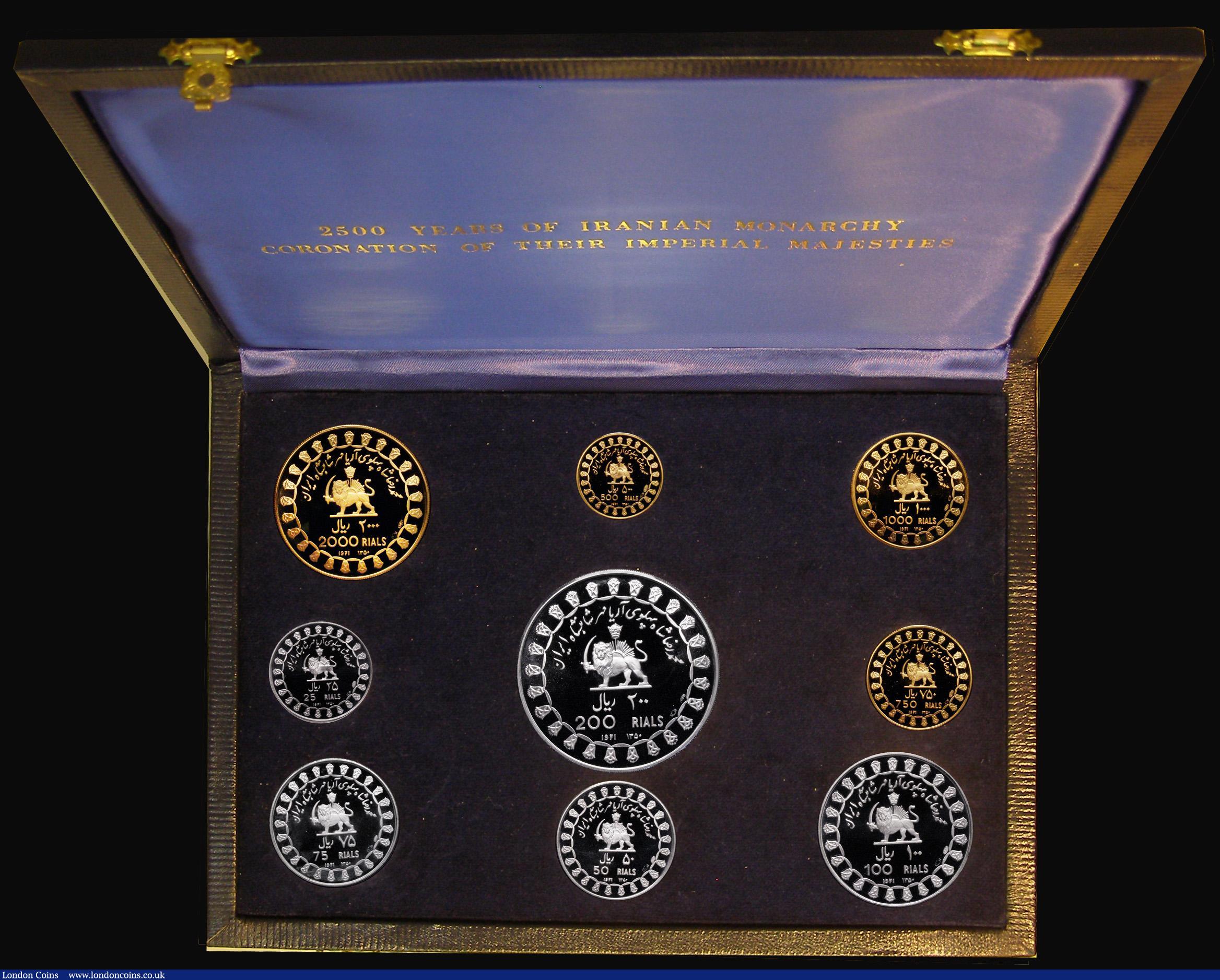 London Coins : A177 : Lot 683 : Iran Proof Set 1971 (SH1350) 2500 Years of the Iranian Monarchy, a 9-coin set (4 in gold and 5 in si...