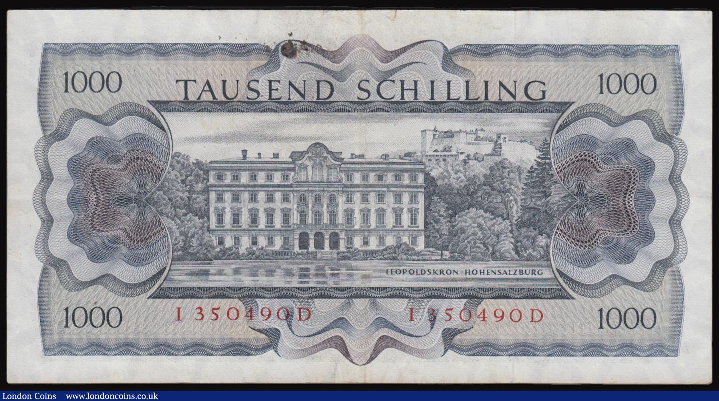 London Coins : A177 : Lot 71 : Austria 1000 Schilling 1966 issue, serial number  I 350490D Pick 147, GVF pressed with a spot on the...